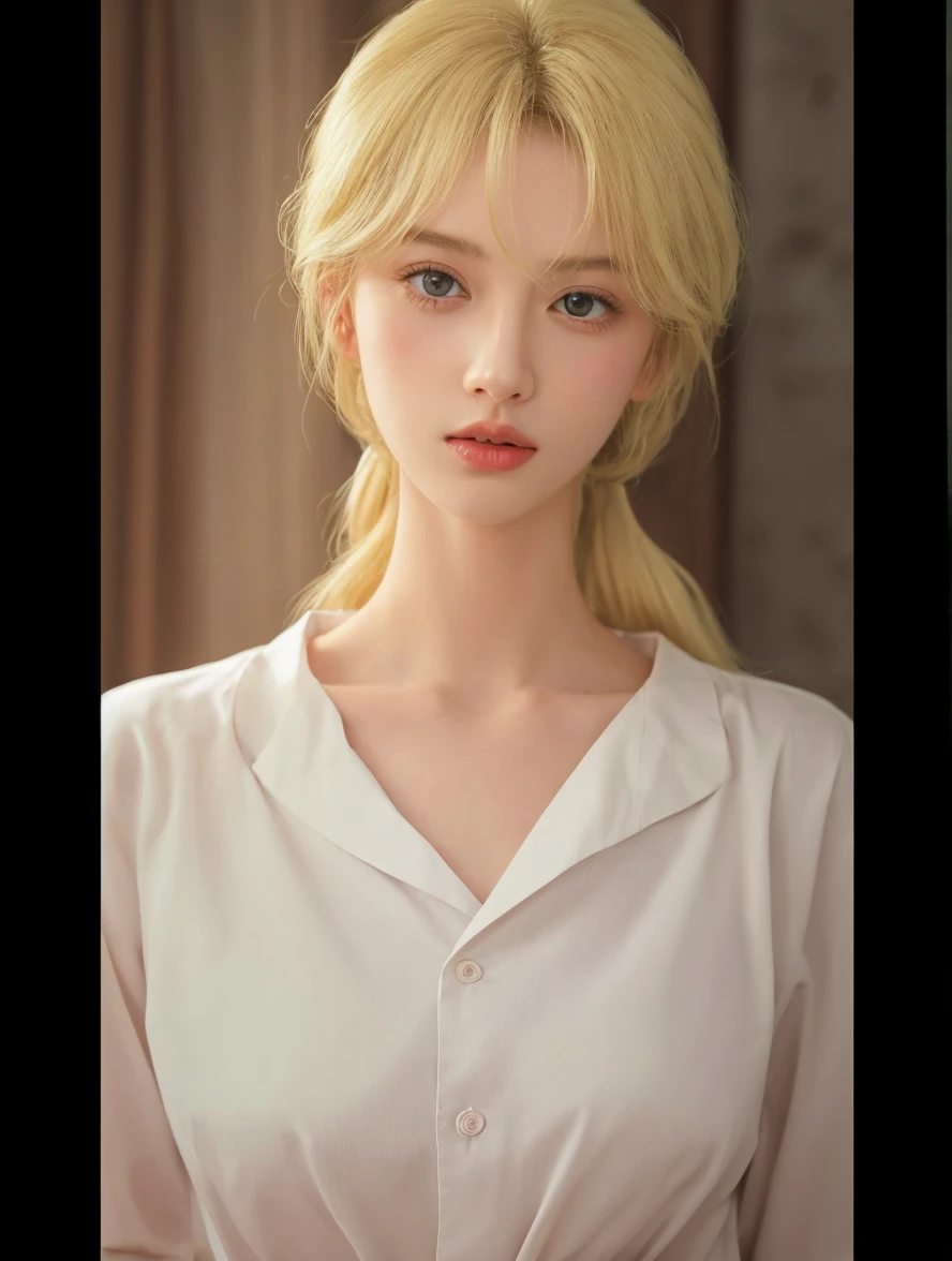 Blonde woman with blue eyes and a white shirt posing for a picture ...