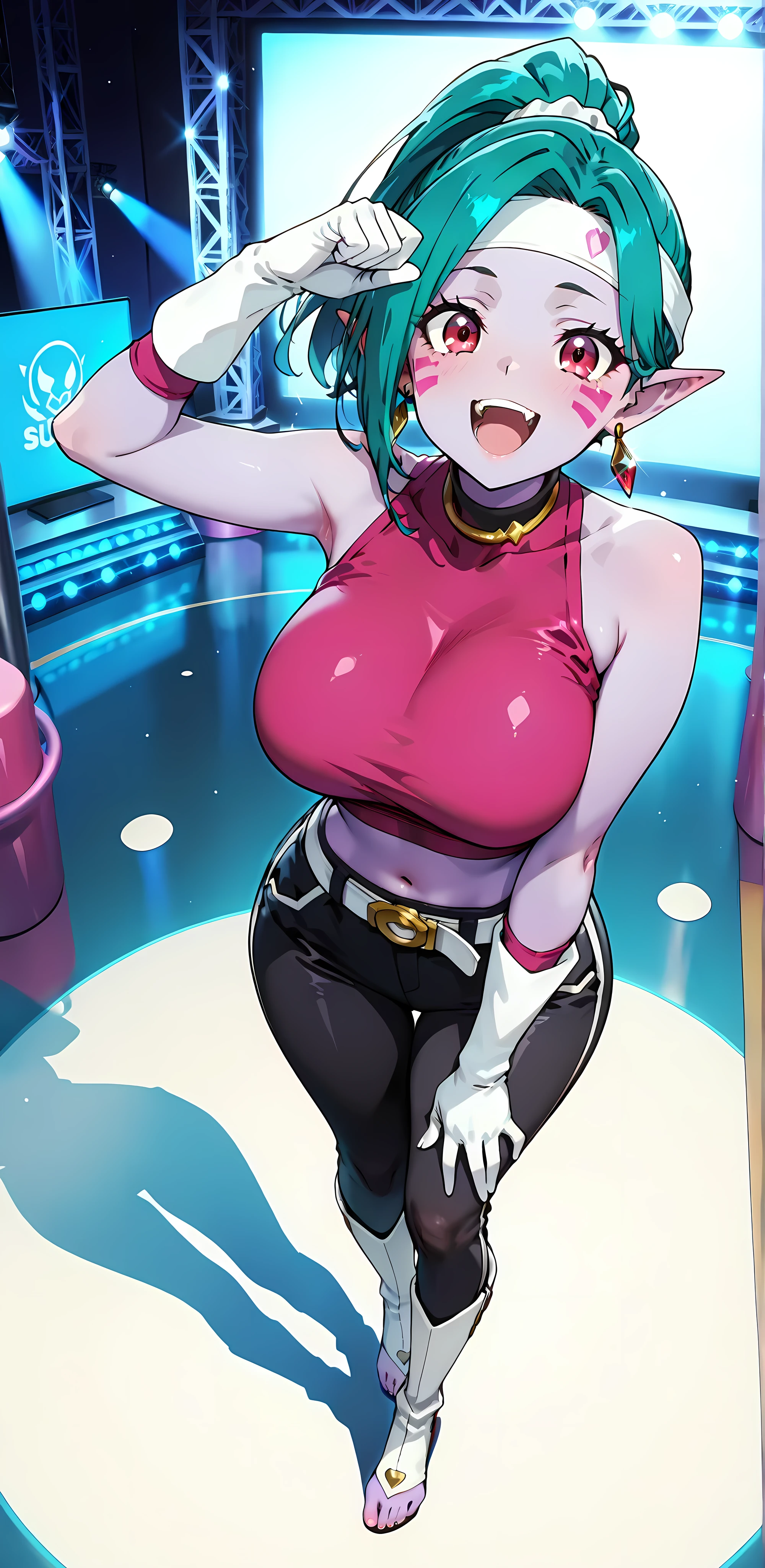 8k, (masterpiece), best quality, perfect face,perfect body, 1 woman, 1female, 1 girl,solo,detailed skin, mature female, intricate eyes, beautiful face, lips,extremely beautiful lips, full mouth, shiny skin, traight-on, thick outlines, mature female, absurdres,light and shadows, Best Quality,8k,High resolution,masterpiece:1.2), (ultra detailed), (NSFW is not safe for artwork), (Anzu Mazaki) (Yu-gi-oh setup), (pose sexual), (realist,photorealist,fotorrealista:1.37), (High DefinitionR,High Definition), (portrait), (vivid colors), (long legs), (clearly elongated face), (broad) (Hermosos detailed eyes), (beautiful detailed lips), (extremely detailed eyes and face), bright eyes Dynamic angle and posture
[Scene: [Scene: [ ((solo:1.5)), (an intricately detailed dynamic shot of a -year-old fema, ((Female succubus, Demon Girl)), ((hyperdetailed scenery)), ((full body, dynamic pose,, barefoot,angle view, toes nailed, barelegs)) ((dancel)), ((kpop dance ))(smirking), dancing,((dynamic angle, sharp focus, depth of field, bokeh)),((handscuffs)), ((kpop group)), ((indoor, stage)), ((stage concert))] Body: [ (((pastel-purple Colored skin:1.5))), (((((pastel-purple skin:1.5))))), (((pastel-purple-skinned female:1.5))), (((5' body height, athletic, thin waist, wide hips, thin shoulders))), (((round breasts, big breasts, breasts together))),((blushing)), ((short stature body type)) ], Head: [ (((red_gem_jewellery_forehead_accessory))), ((pastel-green hair:1.5))), (((red eyes:1.5))), (sharp_eyes:1.5), (ponytail:1.5), (big pointy ears:1.5), , fangs, (((laughing, open mouth:1.3))) ] Clothing: [ Le Sserafim D.va(((white headband, pink face paint, cropped blue top, bare shoulders, belt with pouches, tight black pants, white opera gloves, accessories))), ((hyperdetailed clothing and fashion)), (Earrings, ruby gem earring), (((open_toes high_boots))) (((open toes high boots))), ((toes nailed)) ]], dbsb