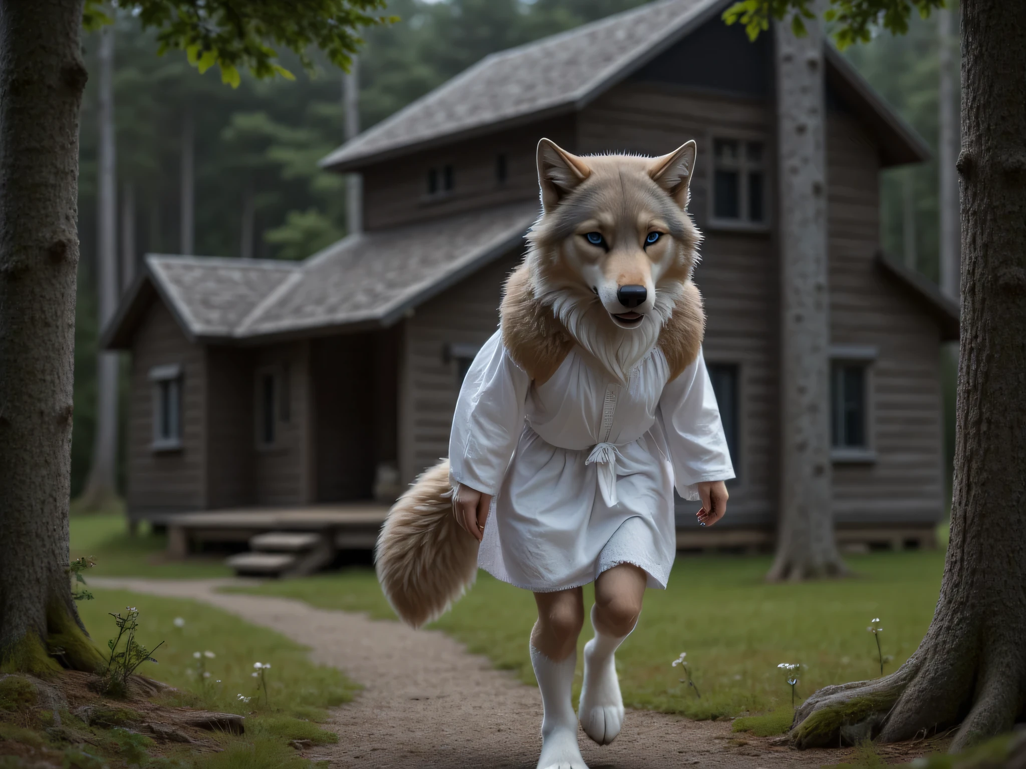 (masterpiece), best quality, 1wolf, 1girl, a young innocent girl, with young innocent face, dark blond hair with side bun, wearing a white nightgown and white socks, (flat ), is running out an old wood cabin, with dense forest around,  a real ferocious grey wolf is seen in the background, at twillight