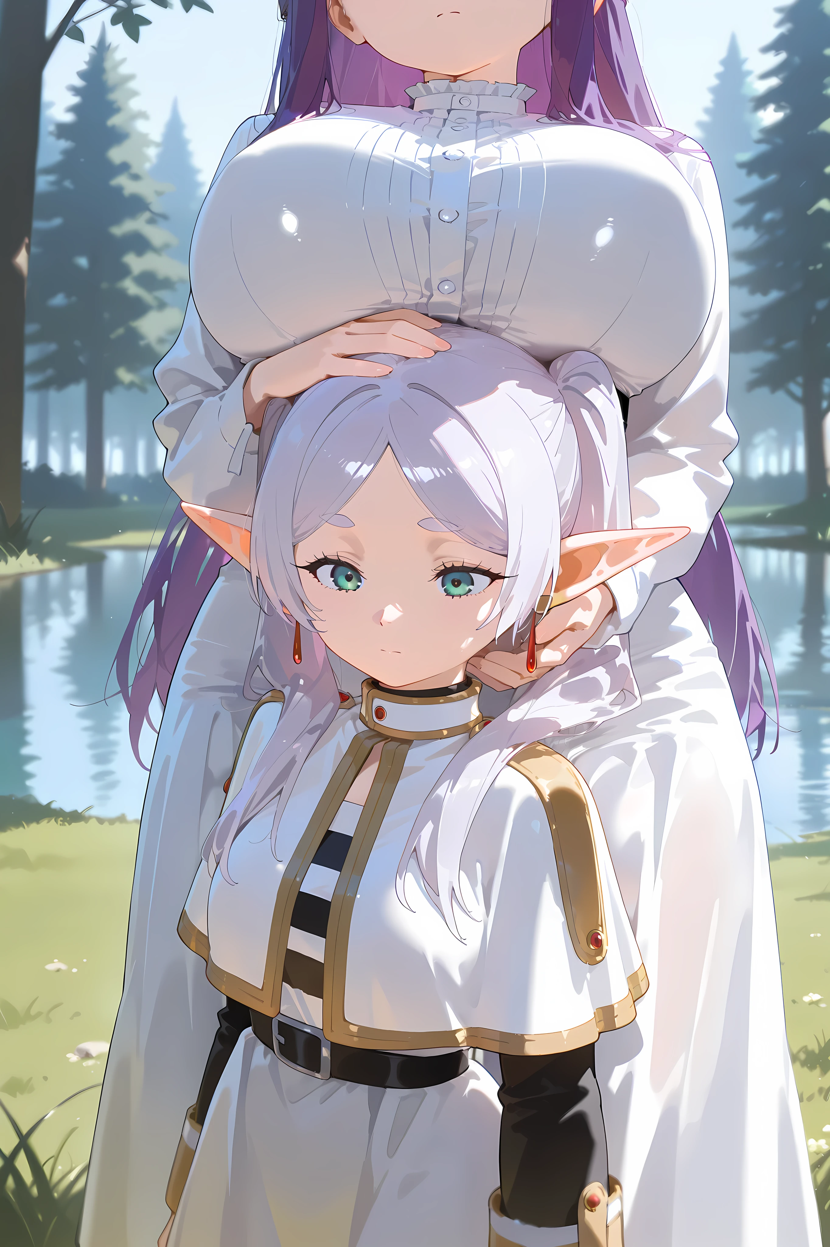 masterpiece, best quality, amazing quality, hyper-detailed, BREAK,
2girls, Fern \(Sosou no frieren\), purple hair, long hair, purple eyes, large breasts, surprised, shocked,
2girls, Frieren \(Sosou no frieren\), white hair, twintails hair, green eyes, small breasts, defeated look, sad,
Standing in a row, fully clothed, boobs on others head, size difference,
close-up, boob focus,
Blurry background, outdoor, grass, forest in background, lake,