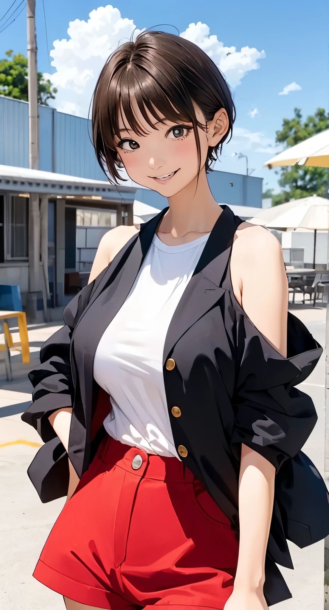 animated illustration 、 top quality、A short and smart high school student、 short hair、 hotpants、sandy beach、 perfect balance、((Shrapnel))、((( Overwhelmingly Big Breasts )))、 beautiful, Eyeliner、 blushed、smile、 high angle、
