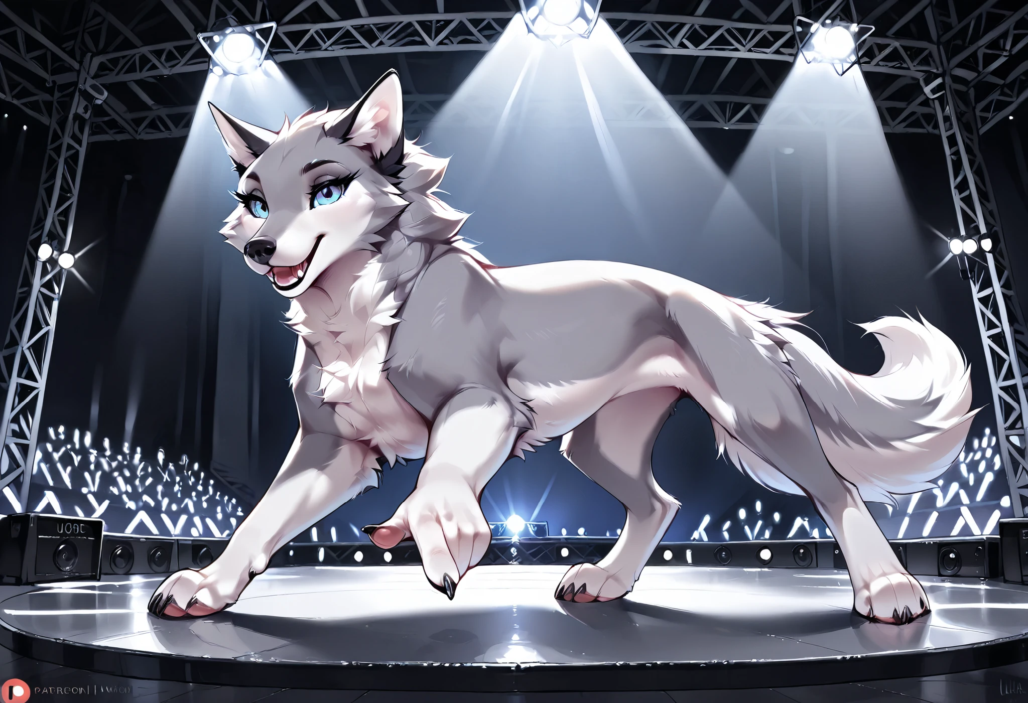 masterpiece, ultradetailed,(((feral))), gray_wolf, pointing at camera, stage, flashing lights, forced perspective, posing, detailed background,((detailed fur)), (detailed eyes:1.5), large eyes, blue eyes, full body, detailed background