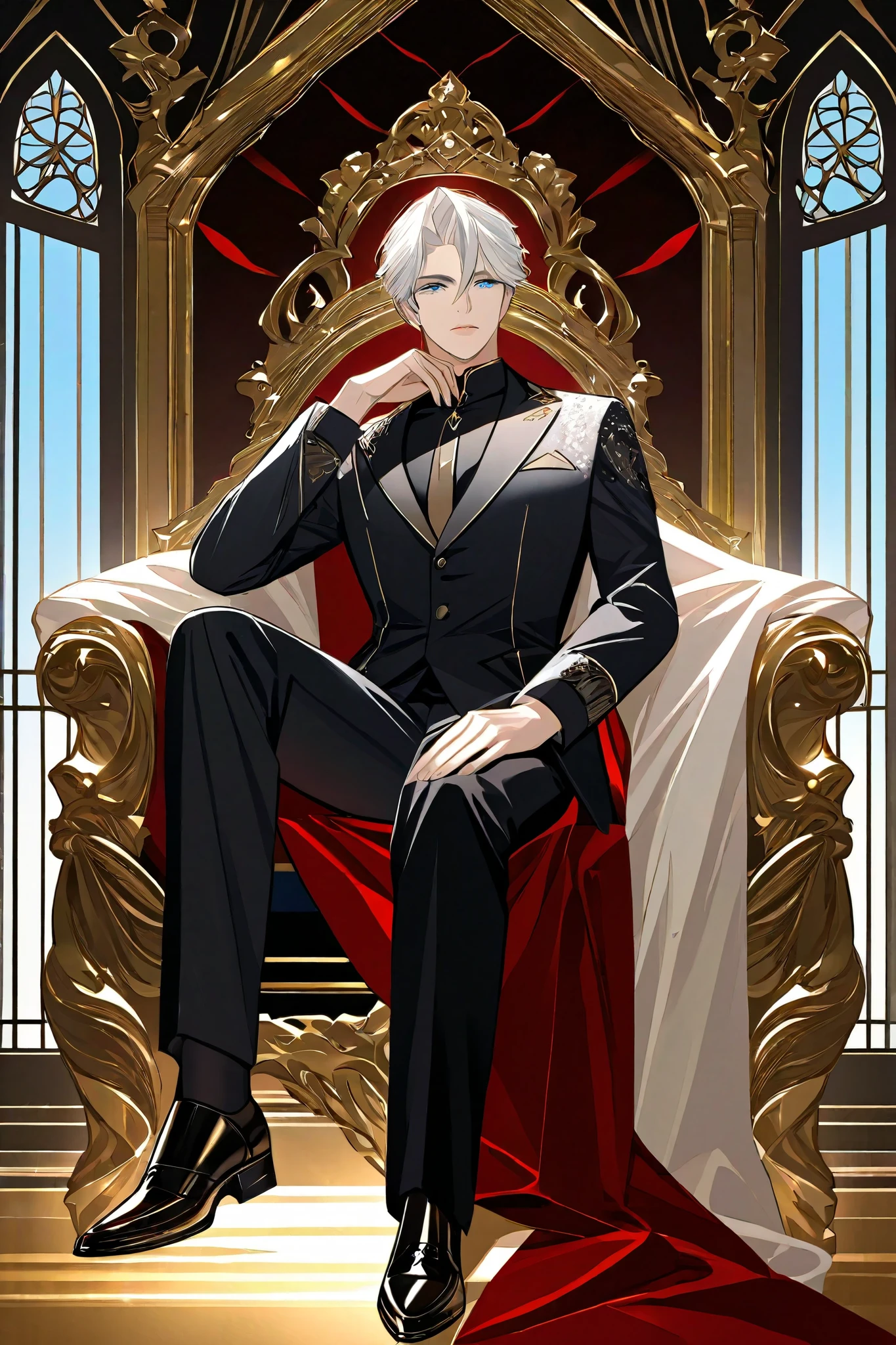 Detailed portrayal of a beautiful male with striking white hair and deep blue eyes, elegantly sitting on a lavish throne, his head resting thoughtfully on his palm. The mood around him is adorned with rich hues of green, earthy browns, vibrant reds, regal gold, and deep navy blue. A majestic window frames the background, casting soft, diffused light that enhances the opulent atmosphere and adds depth to this high-quality 4K image. semi-realistic anime/illustration style