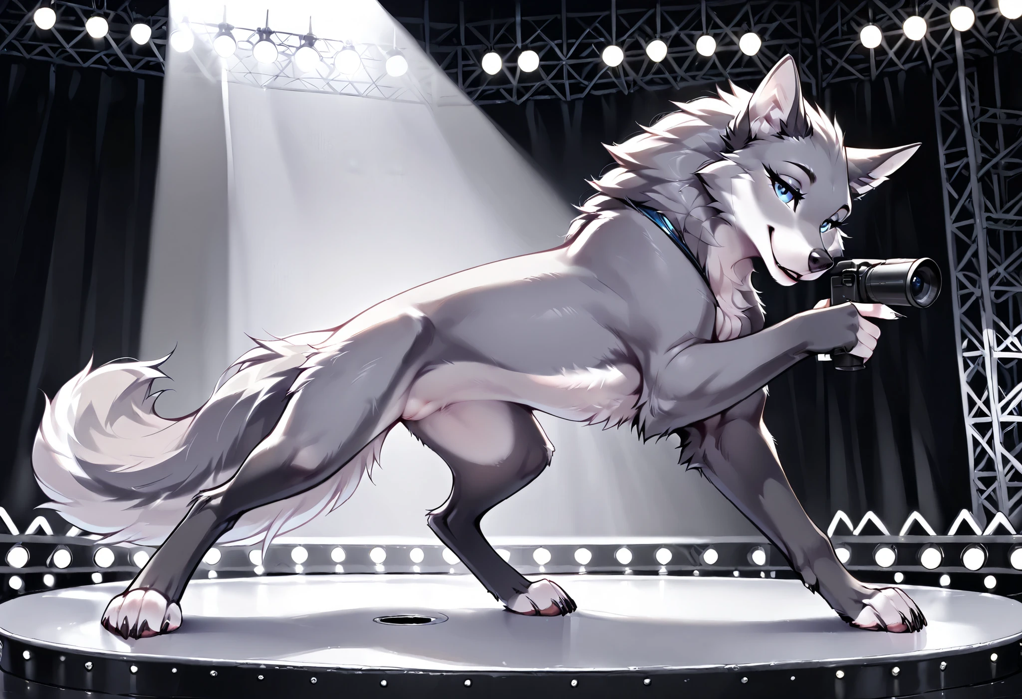 masterpiece, ultradetailed,(((feral))), solo. female, gray_wolf, pointing at camera, stage, seductive pose, flashing lights, forced perspective, posing, detailed background,((detailed fur)), (detailed eyes:1.5), large eyes, blue eyes, full body, detailed background