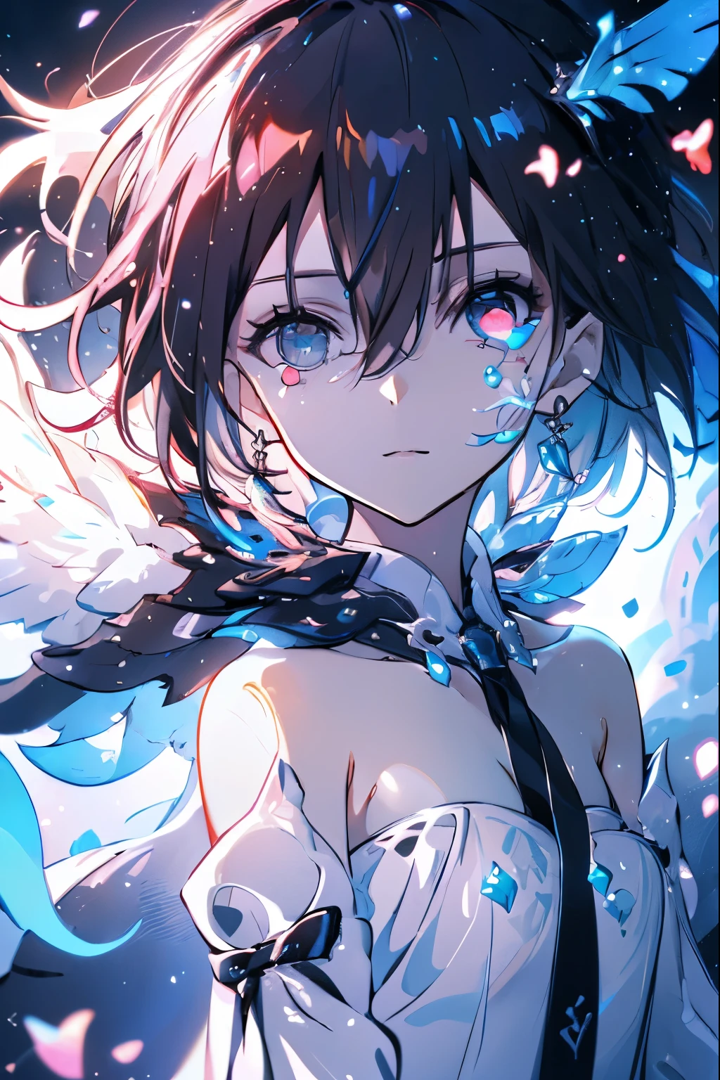 High quality, Ultra detailed, best quality, insanely detailed, beautiful, masterpiece, Lens Flare,
((Sunset sky　Hold one hand up to the sky　Save your strength　Floating in the air　Black aura　Stick out your left hand))　((Streaks of Light　refraction　Glowing white lines　Crossing Light))　Shining Background　Shining Edge　Turning away　, 1lady black hair, detailed hair, glossy hair, shiny hair, detailed eyes, beautiful eyes, black eyes, unicorn horn on forehead, bikini, black Polka-dot-bikini, white bikini, voluptuous, shiny skin, pale skin,