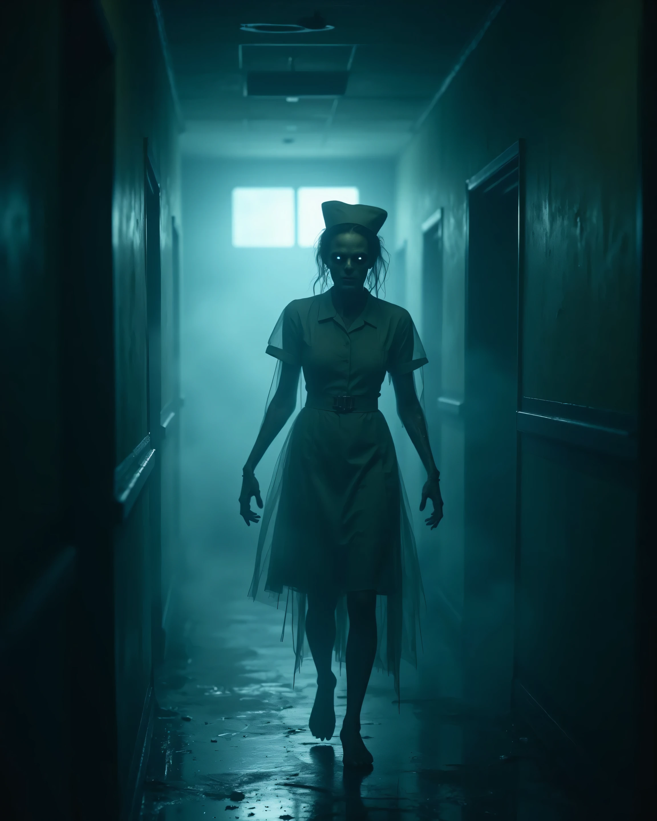 An ethereal, ghostly, middle-aged adult female, her face a gaunt, skeletal skull, her hands equally skeletal, glides forward through a long, desolate hospital hallway at night, clad in a faded, antique nurse's uniform. Her form is semi-transparent, the background dimly visible through her, and she lacks feet, moving as if floating inches above the floor. The only source of light is a window at the end of the hall, casting a cold, spectral moonlight that partially illuminates the scene, creating long shadows and dramatic contrasts. A dense, eerie fog swirls around the figure and throughout the hallway, intensifying the atmosphere of dread and creeping terror. The overall mood is dominated by cool, desaturated colors, enhancing the sense of desolation and the supernatural. The composition aims for a photorealistic, detailed style, capturing the texture of the uniform, the bony pallor of the face and hands, the misty atmosphere, and the grim architecture of the hospital to convey a palpable sense of psychological horror.
