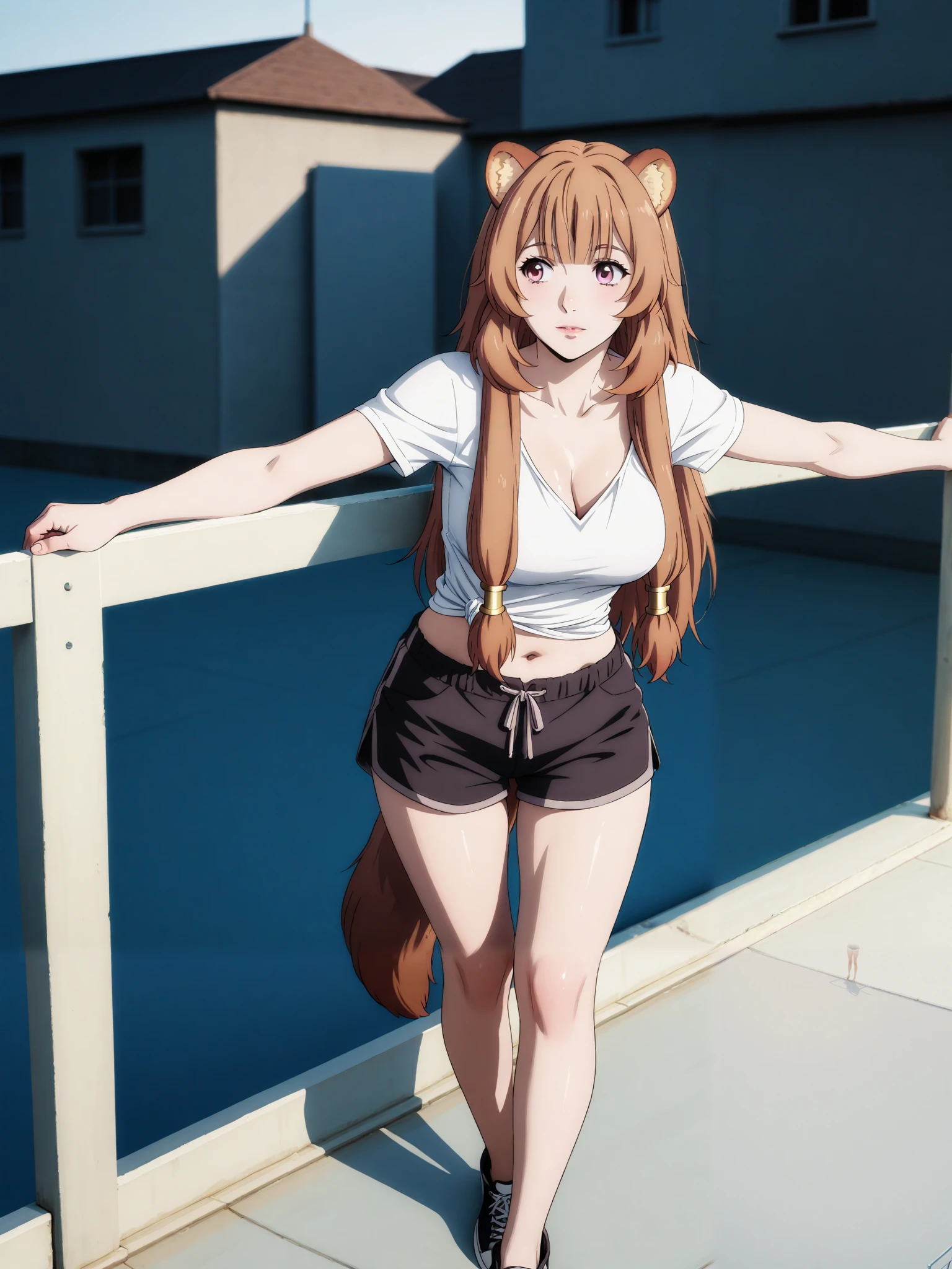 master piece, extremely detailed,8k,solo,1 girl,raphtalia,full body,stand up,leaning against the fence,adult female,white tshirt, black shorts,stretch, milf, cleavage, navel, soft light, high detailed, best quality,bokeh,photograpy, upper body,cowboy shoot, rooftop,front look