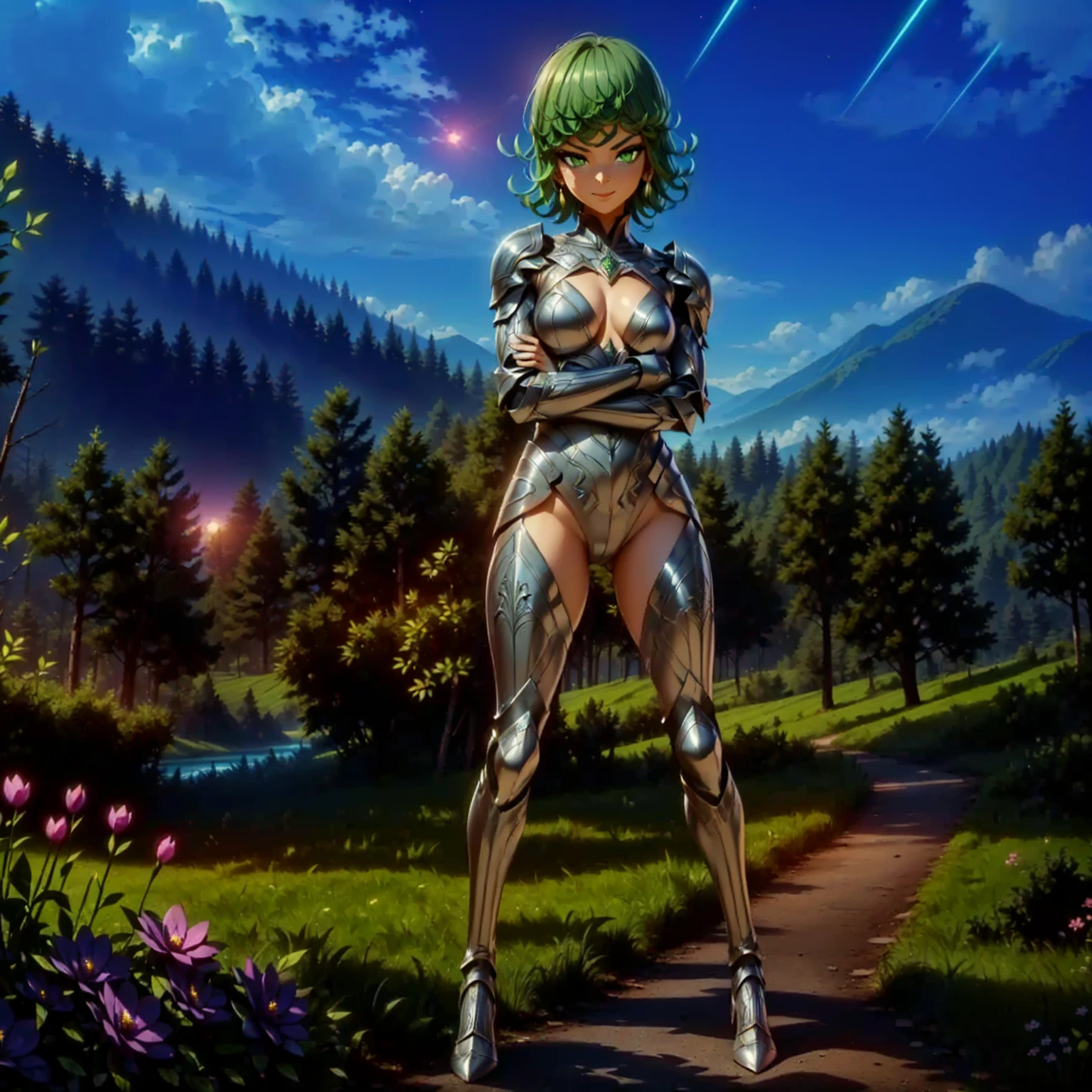 anime style, digital painting, 1girl, woman, dark knight, armor, bombshell hair, matte green hair, swept bangs,Slicked Back Hair, muscular , muscular  , narrow waist, , caucasian, (ghostly,indescribable scifi metropolis outside of reality:1)<lora:EnvyBeautyXL07:1>