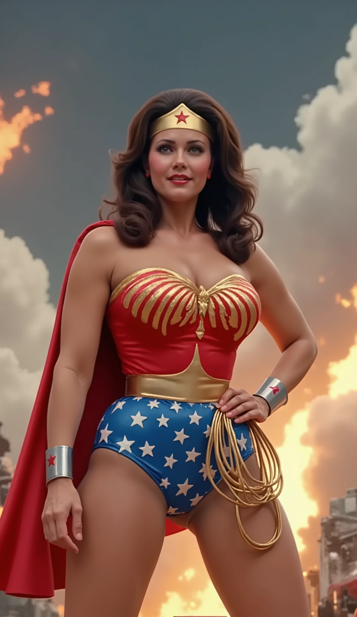 (MOVIE SCENE) A SEXY LYNDA CARTER AS THE ICONIC 1960 WONDER WOMAN, WEARING A LATEX WONDER WOMAN COSTUME, LATEX PATRIOTIC BLUE SKIRT. A RED, WHITE AND BLUE PATRIOTIC CAPE. HER GOLDEN LASSO ATTACHED TO THE SIDE OF HER HIP. CRYSTAL CLEAR ART, CELAN CRISP ART, 4K, 8K, MILLIONS OF TEXTURES AND DETAILS. SAVING THE WORLD.