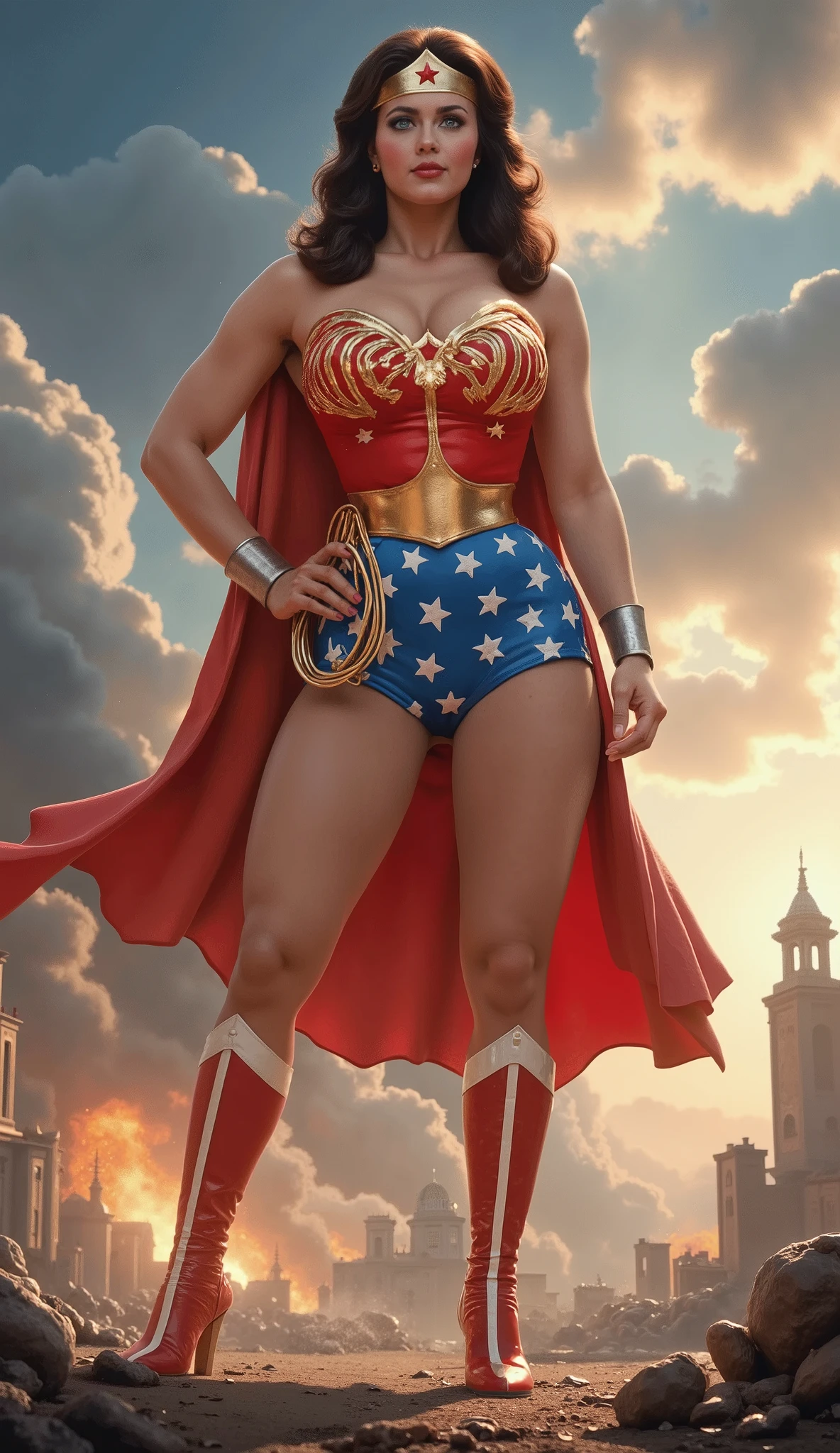 (MOVIE SCENE) A SEXY LYNDA CARTER AS THE ICONIC 1960 WONDER WOMAN, WEARING A LATEX WONDER WOMAN COSTUME, LATEX PATRIOTIC BLUE SKIRT. A RED, WHITE AND BLUE PATRIOTIC CAPE. HER GOLDEN LASSO ATTACHED TO THE SIDE OF HER HIP. CRYSTAL CLEAR ART, CELAN CRISP ART, 4K, 8K, MILLIONS OF TEXTURES AND DETAILS. SAVING THE WORLD.