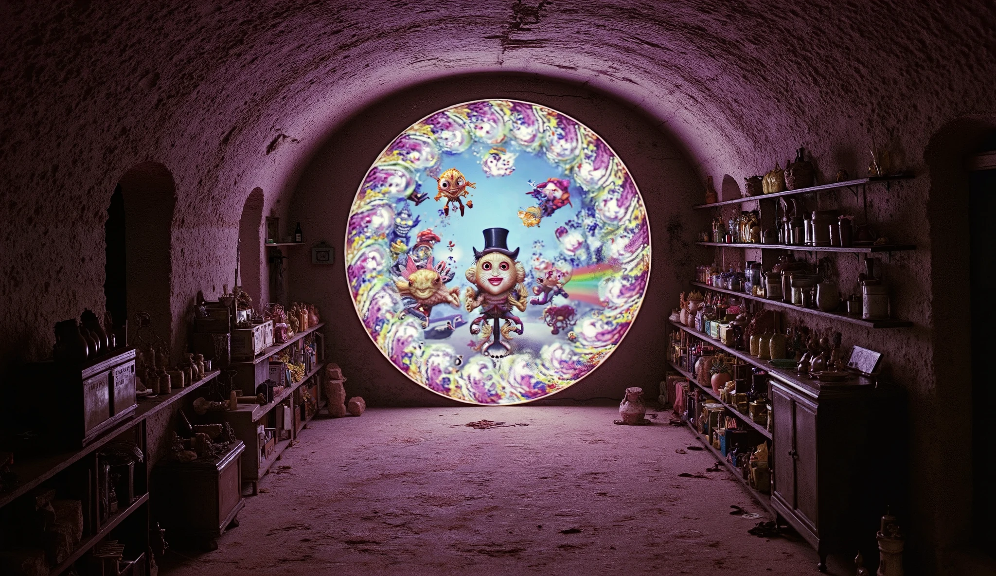 A mysterious, dimly lit cellar with cracked stone walls, shelves full of forgotten relics, and dust-covered floors. At the far end of the room, a strange, glowing portal hovers above the ground, its edges swirling with vibrant, shifting colors that defy the laws of physics. The portal seems like an opening to another dimension, an undulating wave of bright pinks, blues, and yellows that ripple like liquid light. Through the portal, bizarre and hilarious creatures can be seen—some with comically oversized eyes, others with mismatched limbs or grinning faces full of mischief. One creature floats with a body made of bubble-like orbs, while another rides a unicycle on a rainbow trail, throwing confetti. In the background, a giant, smiling fish with legs and a top hat casually sips tea. The air is filled with an otherworldly energy, and the dim lights of the cellar flicker as if trying to keep up with the vibrant chaos just beyond the portal. The scent of musty earth mixes with an almost sweet, fruity aroma emanating from the other side, and the sounds of laughter and music faintly reach the cellar, inviting the curious to step closer.