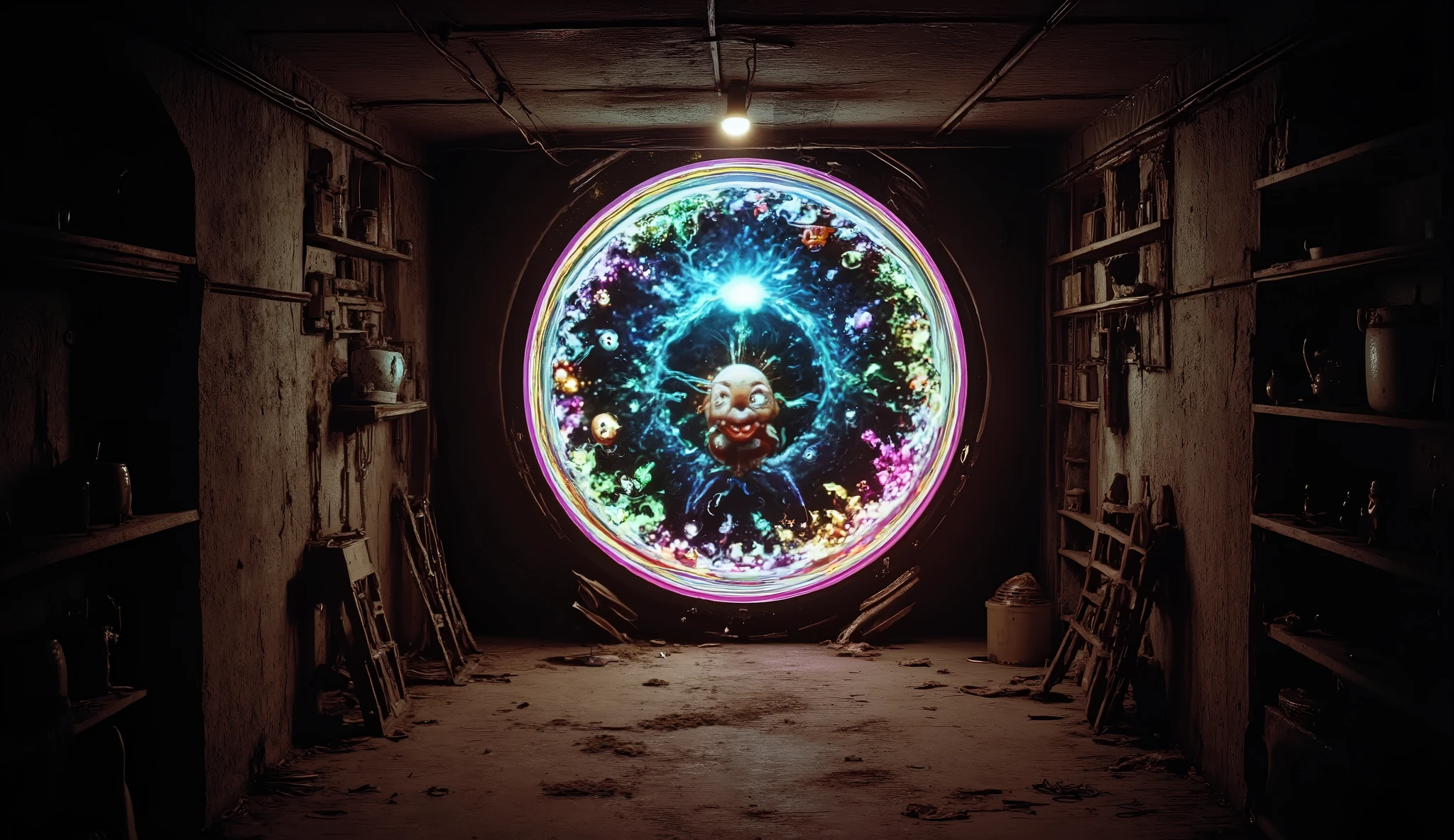 A mysterious, dimly lit cellar with cracked stone walls, shelves full of forgotten relics, and dust-covered floors. At the far end of the room, a strange, glowing portal hovers above the ground, its edges swirling with vibrant, shifting colors that defy the laws of physics. The portal seems like an opening to another dimension, an undulating wave of bright pinks, blues, and yellows that ripple like liquid light. Through the portal, bizarre and hilarious creatures can be seen—some with comically oversized eyes, others with mismatched limbs or grinning faces full of mischief. One creature floats with a body made of bubble-like orbs, while another rides a unicycle on a rainbow trail, throwing confetti. In the background, a giant, smiling fish with legs and a top hat casually sips tea. The air is filled with an otherworldly energy, and the dim lights of the cellar flicker as if trying to keep up with the vibrant chaos just beyond the portal. The scent of musty earth mixes with an almost sweet, fruity aroma emanating from the other side, and the sounds of laughter and music faintly reach the cellar, inviting the curious to step closer.