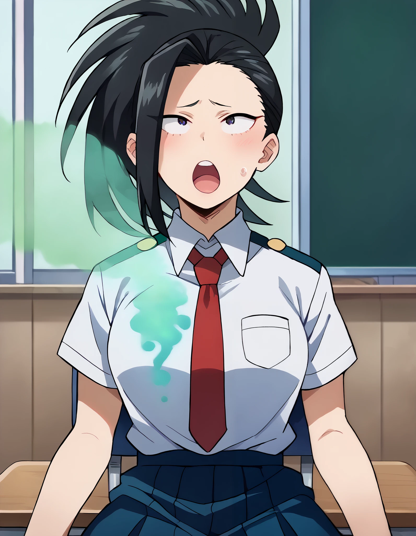 score_9, score_8_up, score_7_up, source_anime, yaoyorozumomo, yaoyorozu momo, long hair, bangs, black hair, ponytail, high ponytail, wide ponytail, shirt, school uniform, white shirt, short sleeves, necktie, collared shirt, red necktie, u.a. school uniform, indoors, classroom, sitting, chair, cowboy shot, Her expression conveys surprise and tension: her eyes are rolling back, her mouth is slightly open, sweat drips down her face, and her cheeks are flushed. A ghostly, ((((semi-transparent green mist flows into her mouth and chest)))), symbolizing a spirit possessing her., opening mouth