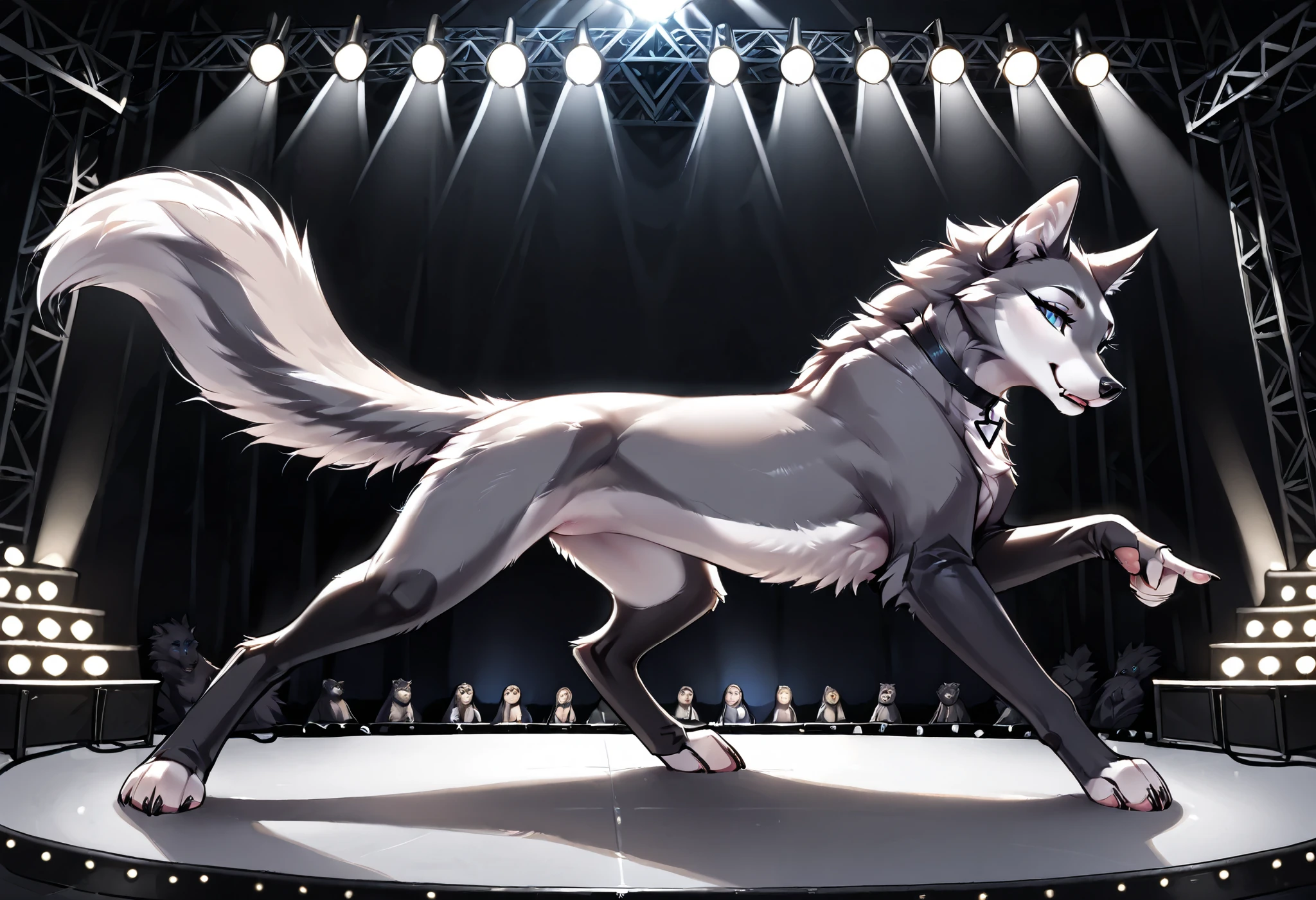 masterpiece, ultradetailed,(((feral))), solo. female, gray_wolf, pointing at camera, stage, seductive pose, black choker, flashing lights, forced perspective, posing, detailed background,((detailed fur)), (detailed eyes:1.5), large eyes, blue eyes, full body, detailed background