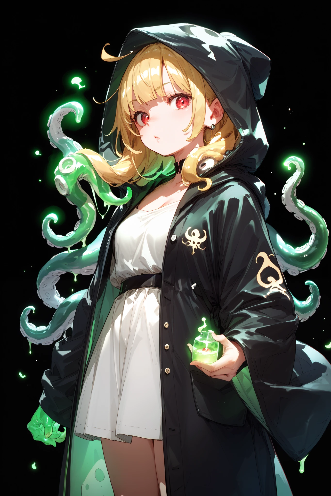 1 anime chan , blonde with red eyes, black hooded robe , lots of glowing green slime, very large octopus tentacles around, octopus tentacles of a poisonous green color, the glowing acid-green color , black background