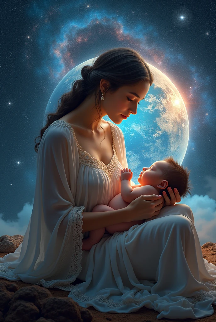 Woman with red eyes , long hair , white dress wet baby on moonlit night