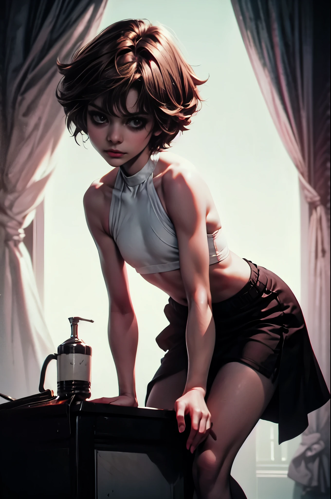 a young girl, half body shot, very small breasts, flat chested, runners skinny body, (best quality:1.2) , (masterpiece:1.1), ultra detailed, photorealism, upper body, (looking at viewer:1.1), (night, dark living room:1.2), short hair, atmospheric lighting, moody and gritty, low key lighting, solo, shy, clear light skin, medium straight light brown hair with a dark tint, beautiful long legs, perfect body, perfect brown eyes, expressive eyes, masterpiece, (slender girl:1.1), bangs between the eyes, parororo, disheveled hair, look at you 