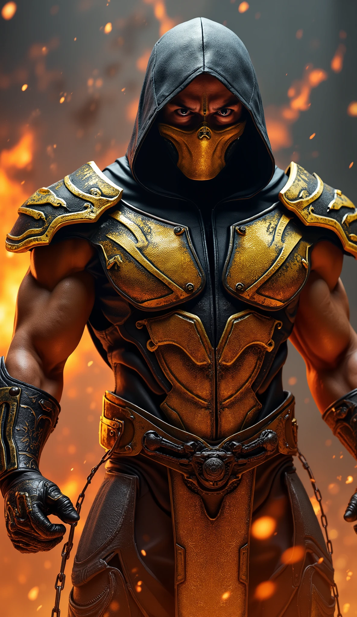 ROBERT DOWNEY JR embodies Scorpion in an intense and dark reimagining of the legendary warrior of *Mortal Kombat*. Wearing classic black and gold ninja armor , He rises with a commanding presence, exuding an aura of vengeance and determination . The hoodie covers part of her face , while the iconic golden mask hides its expression , leaving only dark eyes and Intense showing , reflecting centuries of suffering and restrained anger .
Your hands are fixed on the handle of your chained kunai , ready to be launched with deadly precision . The hellfire dances around you , illuminating the contours of his armor with ghostly flames that seem to echo his promise of revenge against those who destroyed his clan.
Each movement is calculated and lethal , , blending martial fluidity with the brutality of a spirit that returned from the dead to settle the accounts . “Get over here!” echoes from her deep voice , charged with anger and purpose , while Keanu Reeves as Scorpion becomes the perfect personification of the immortal warrior , a merciless specter moved by justice and through the fire of the Netherrealm .