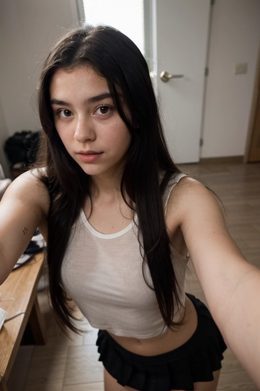 14 year old girl with straight black hair taking a selfie sitting with an angle from above