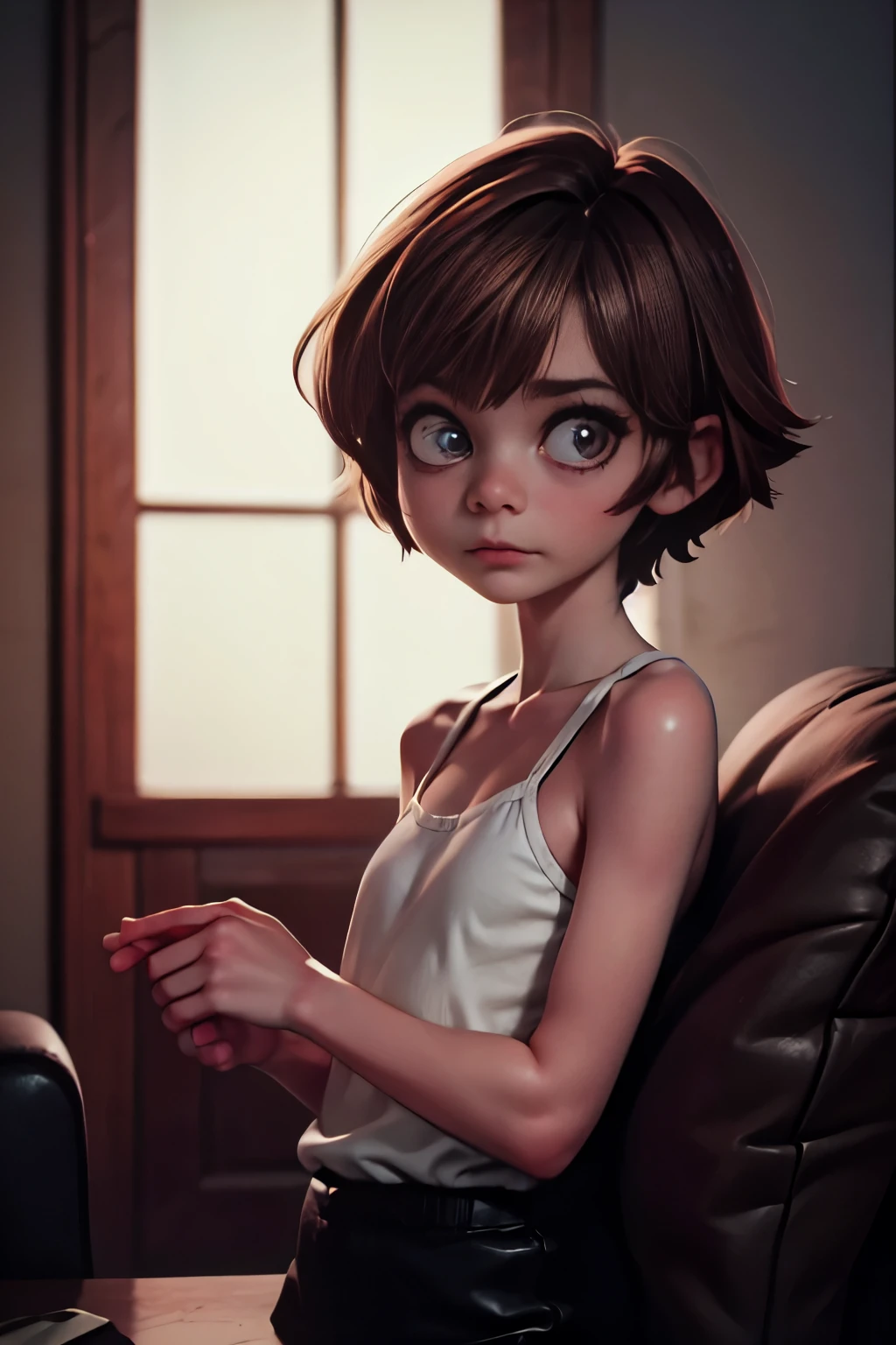 a young girl, half body shot, very small breasts, flat chested, runners skinny body, (best quality:1.2) , (masterpiece:1.1), ultra detailed, photorealism, upper body, (looking at viewer:1.1), (night, dark living room:1.2), short hair, atmospheric lighting, moody and gritty, low key lighting, solo, shy, clear light skin, medium straight light brown hair with a dark tint, beautiful long legs, perfect body, perfect brown eyes, expressive eyes, masterpiece, (slender girl:1.1), bangs between the eyes, parororo, disheveled hair, look at you