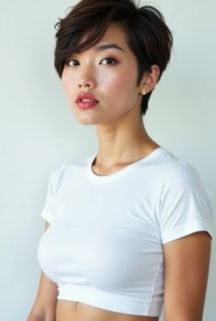 A 14 year old beautiful slim girl, short hair, tomboy hairstyle, breasts can be seen, wearing very tight pink tshirt.