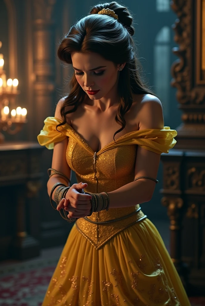 1 girl, Female character with brown hair in a hairstyle, white skin, brown eyes, In a deep yellow off-the-shoulder ball gown with matching thin opera gloves.., Princess Belle,The skin has blood vessels..,It'It was very dark in the castle..,Bird's eye view,very big breasts, teardrop shape.,The skin is very shiny..,There are blood vessels in the chest..,Post a sexy selfie,I'Iเปียก.,There are freckles on the face and chest..