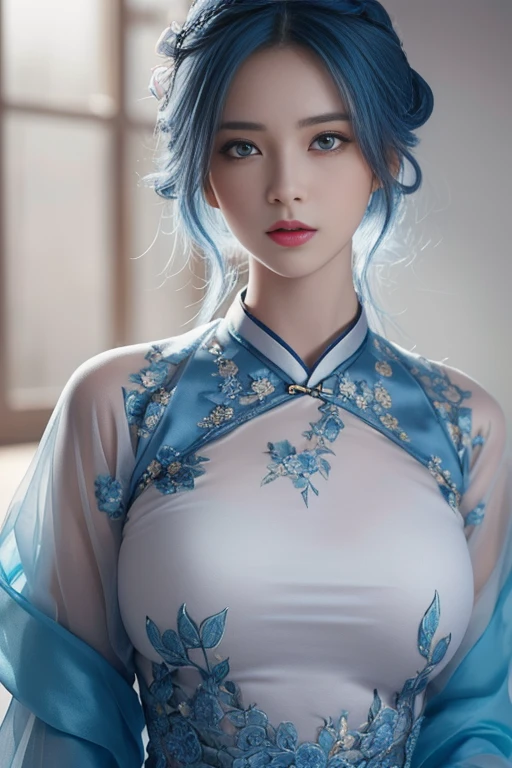 (Hyperrealistic), (illustration), (high resolution), (8K), (Extremely detailed), (Best Illustration), (Beautiful detailed eyes), (Best quality), (Ultra-detailed), (Masterpiece), (the wallpaper), (Photorealistic), (Natural light), (rim lit), (Detailed face), (Highly detailed realistic skin textures), (Anatomically correct), (Solo), (1 girl), (high detailed realistic hair), (Blue hair:1.2), spiked hair, (Heterochromic eyes), (detailed green eyes), (Small moles under the eyes), (Realistic big breasts:1.5), (Exposed breasts:1.3), (Long legs), (Slender abs), (Dynamic pose), (Closed mouth:1.3), (traditional Hanfu attire), (Sheer clothes:1.5), NSFW,