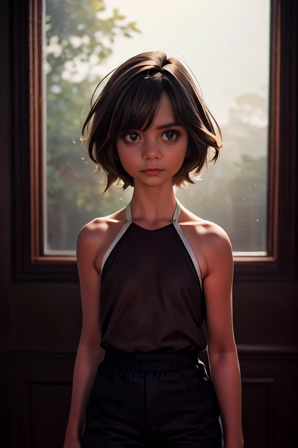 a young girl, half body shot, very small breasts, flat chested, runners skinny body, (best quality:1.2) , (masterpiece:1.1), ultra detailed, photorealism, upper body, (looking at viewer:1.1), (night, dark living room:1.2), short hair, atmospheric lighting, moody and gritty, low key lighting, solo, shy, clear light skin, medium straight light brown hair with a dark tint, beautiful long legs, perfect body, perfect brown eyes, expressive eyes, masterpiece, (slender girl:1.1), bangs between the eyes, parororo, disheveled hair, look at you
