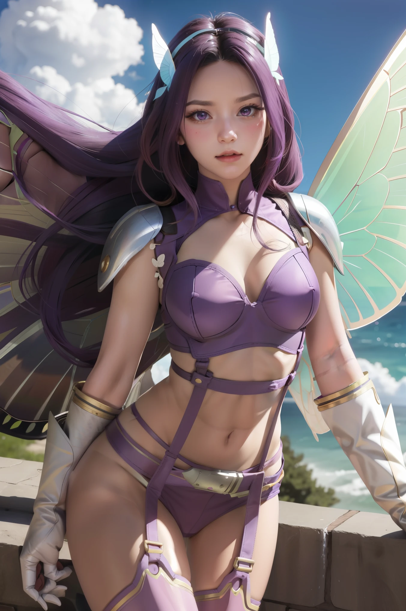 purple hair, long hair, hair ornament, belt, butterfly wings gauntlets, cleavage, garter straps, gauntlets, navel, shoulder pads, thighhighs,, sky, cloud,
