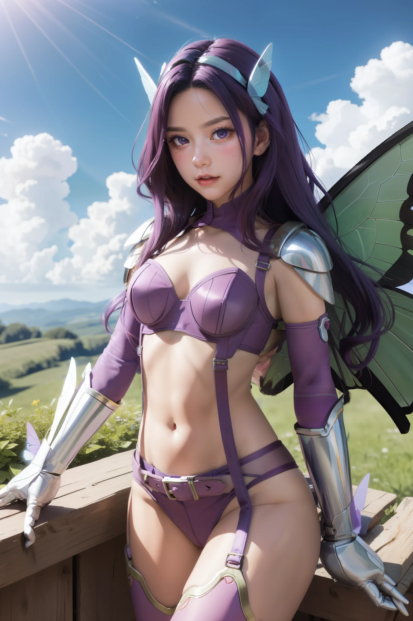 purple hair, long hair, hair ornament, belt, butterfly wings gauntlets, cleavage, garter straps, gauntlets, navel, shoulder pads, thighhighs,, sky, cloud,