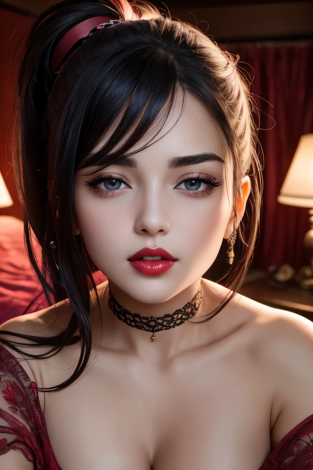 Amazing portrait of a woman who is 30 years old and an adult and a cute woman with her black hair in two medium ponytails having sexy eyes in an intense eye contact and a small nose with red lips having an orgasmic face showcasing her neck and collarbone in a loose dark pink t shirt emphasizing her bare shoulder as she's lying on bed with her head on pillow facing up in her bedroom which is a dark room with one lamp during night time with soft lighting showcasing her red lips and her beautiful face in detail and close up