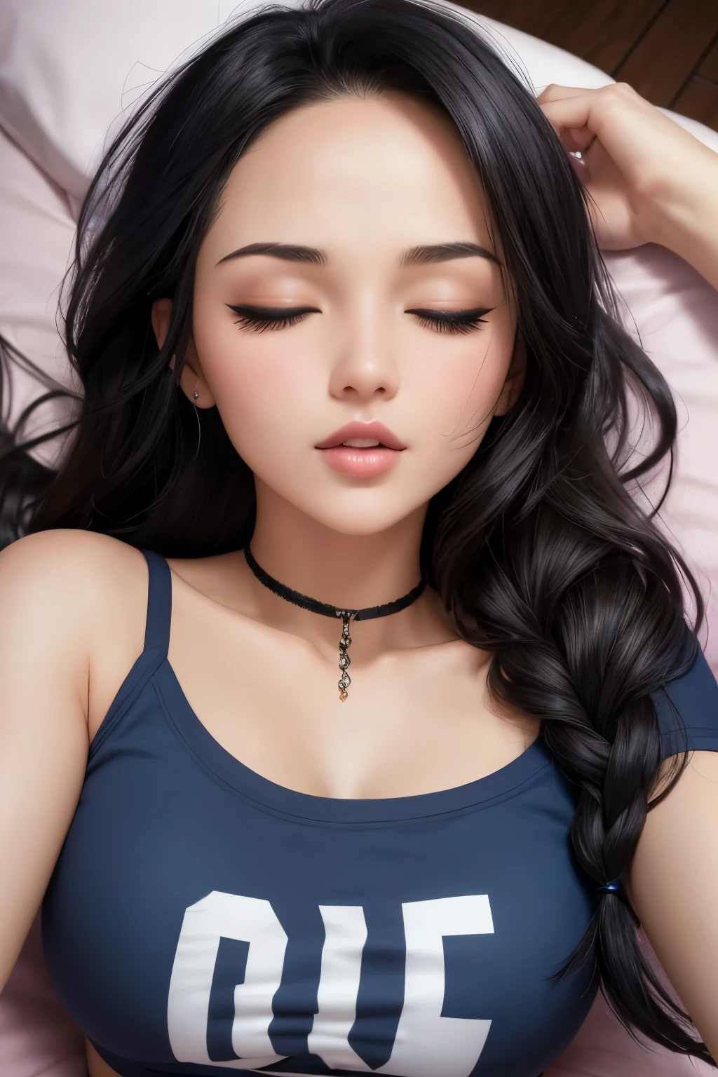  woman, black hair, single braid, long forehead, eyes closed, lips parted, deepest blush, flustered, , off shoulder t shirt and blue short shorts, lying on bed, very , aroused, head on pillow, facing up 