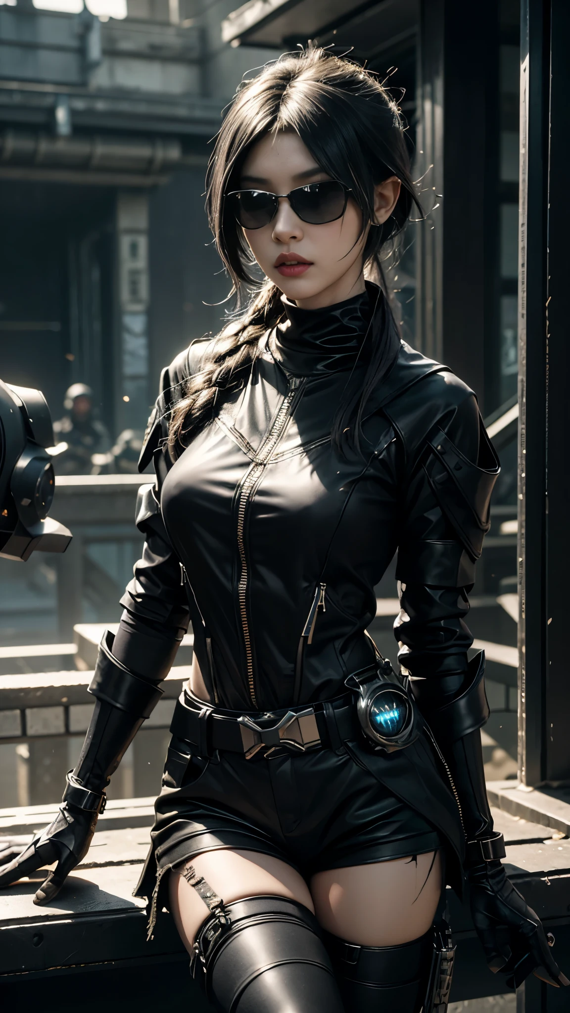 ((best qualtiy)), ((tmasterpiece)), (the detail:1.4), 3D, A beautiful cyberpunk female image,HDR(HighDynamicRange),Ray traching,NVIDIA RTX,Super-Resolution,Unreal 5,Subsurface scattering、PBR Texture、post-proces、Anisotropy Filtering、depth of fields、maximum definition and sharpness、Many-Layer Textures、Albedo e mapas Speculares、Surface Coloring、Accurate simulation of light-material interactions、perfectly proportions、Octane Render、Two-colored light、largeaperture、Low ISO、White balance、the rule of thirds、8K RAW、1girll,City park shooting,Tilt view,full bodyesbian;1.5,Twist braids,Lingerie with a slinger,Ultra shorts,