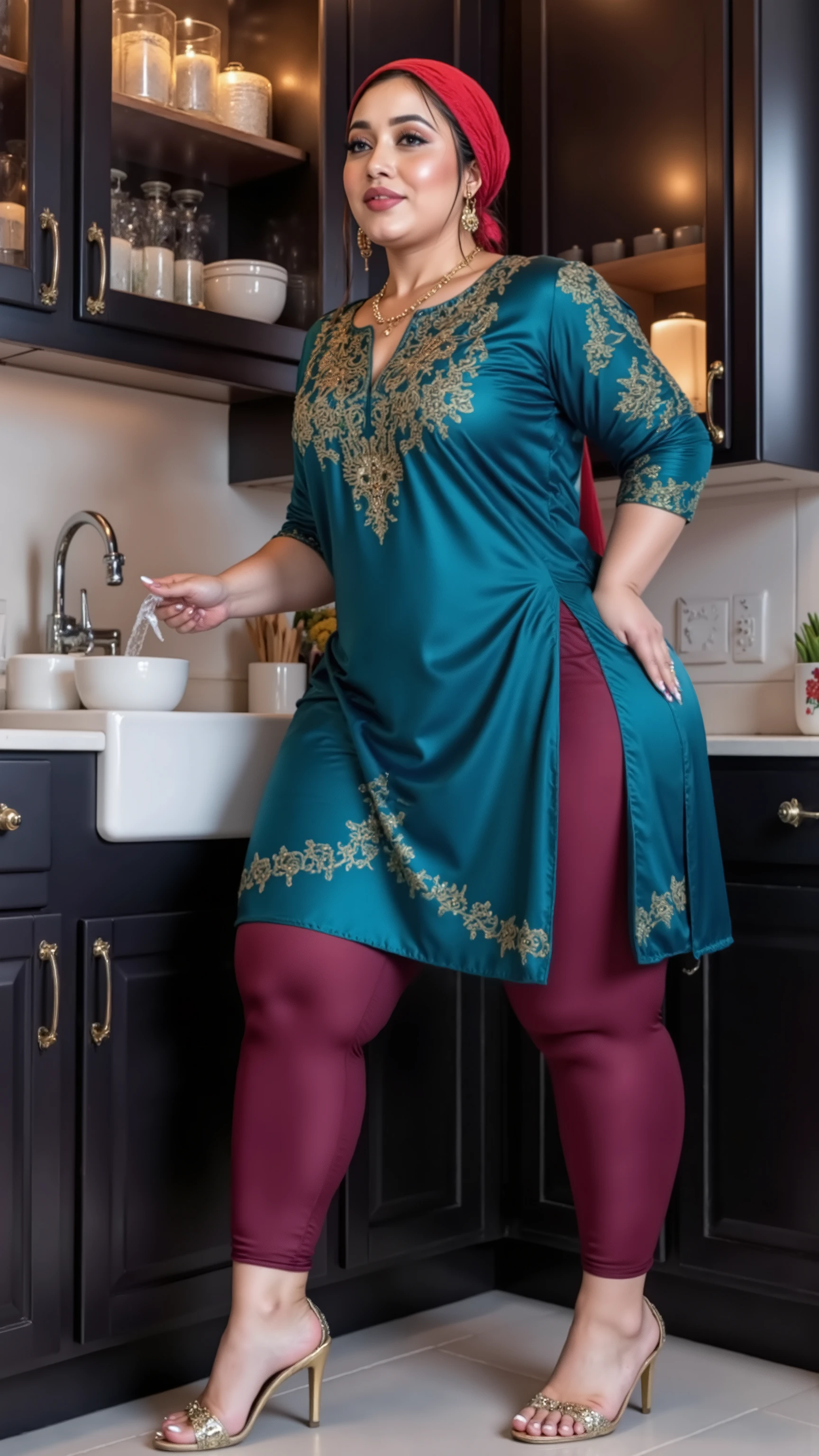 I am 40 year old plus size tall and big giant indian muslim women, looking like indian actress hansika motwani ,wearing a shining glossy maroon tight capri leggings and Sleevless peacock blue indian kurti,red hikab,golden nose rings,nose stud, anklet,hanging ear rings,long golden chain on neck,white-skin,white skin tone, beautiful face, dark red lips, clean skin,low bun hair,celebrity face,gold stelito heels,thick leggs, round ass,bulging ass,huge breast, side view of woman,washing dishes in a black painted beautiful kitchen,,only side view of woman, head towards viewer