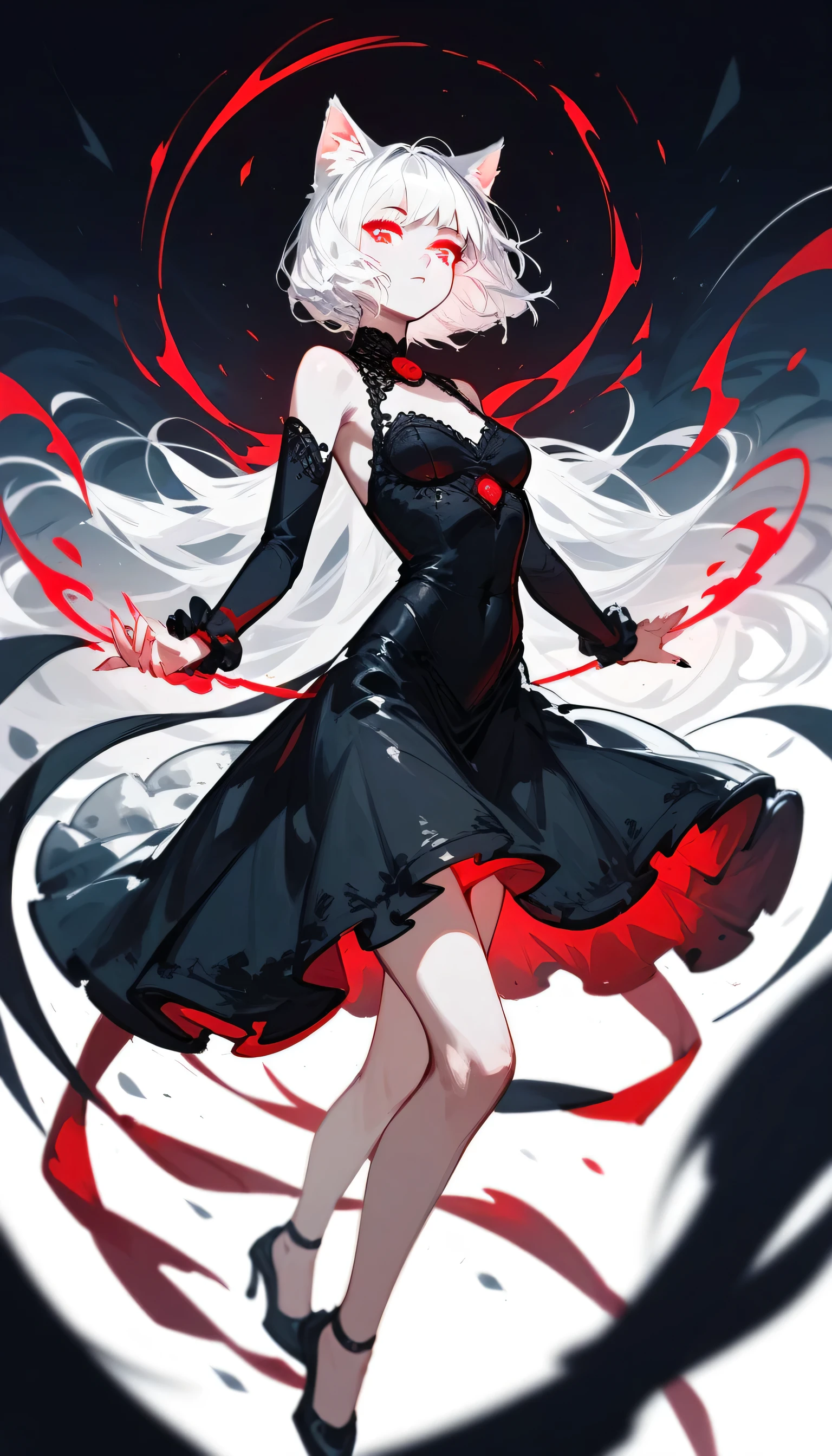 1 catgirl, solo, short white hair, red glowing eyes, sexy, slender body, black gothic dress, pale skin, powerful pencil sketch, portrait, dark magic, fullbody, floating