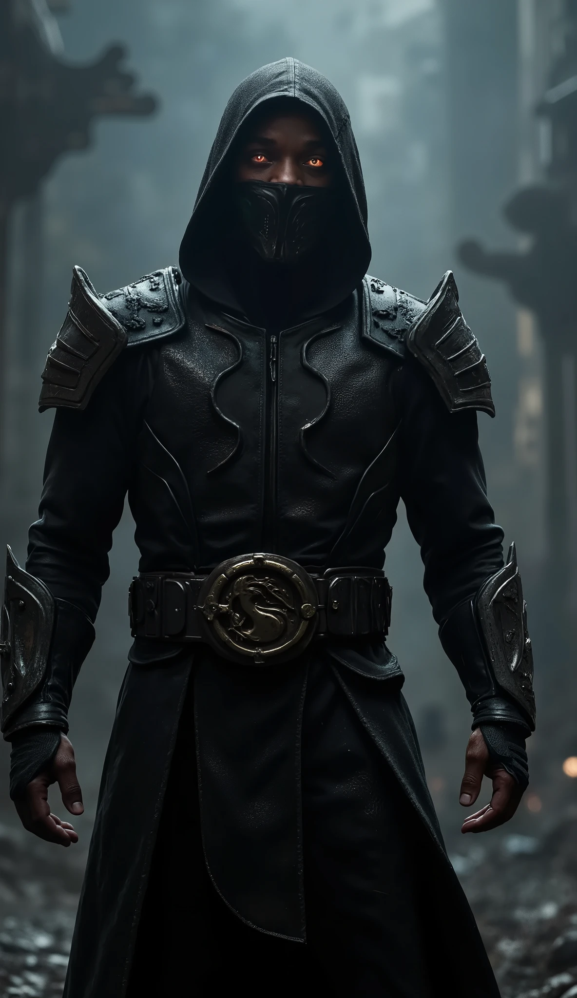 Will Smith takes on the role of Noob Saibot in a dark and ruthless interpretation of the vengeful specter of *Mortal Kombat*.  Wearing a black armor like the darkness itself ,  covered by ethereal details and shadows that seem to move alone ,  he exudes a ghostly and terrifying presence .  

 His eyes shine in a spectral tone under the black hood ,  reflecting the essence of a warrior who already It was human ,  but now he's just an avatar of death and emptiness .  Your every step seems to envelop the environment in a dark fog ,  making it difficult to distinguish where it ends and the darkness begins .  

 With fast and lethal movements ,  Will Smith brings to Noob Saibot a stealthy and threatening presence ,  combining his speed with brutal attacks . His shadow takes shape ,  becoming an extension of himself ,  duplicating his blows and attacking his enemies from unexpected angles .  His voice echoes with a distorted and deep tone ,  charged with coldness and contempt ,  making it clear that mercy is not part of his vocabulary .  

 With an impassive look and an aura of pure terror ,  Will Smith as Noob Saibot becomes the perfect personification of a dark killer Silent ,  relentless and inevitable .