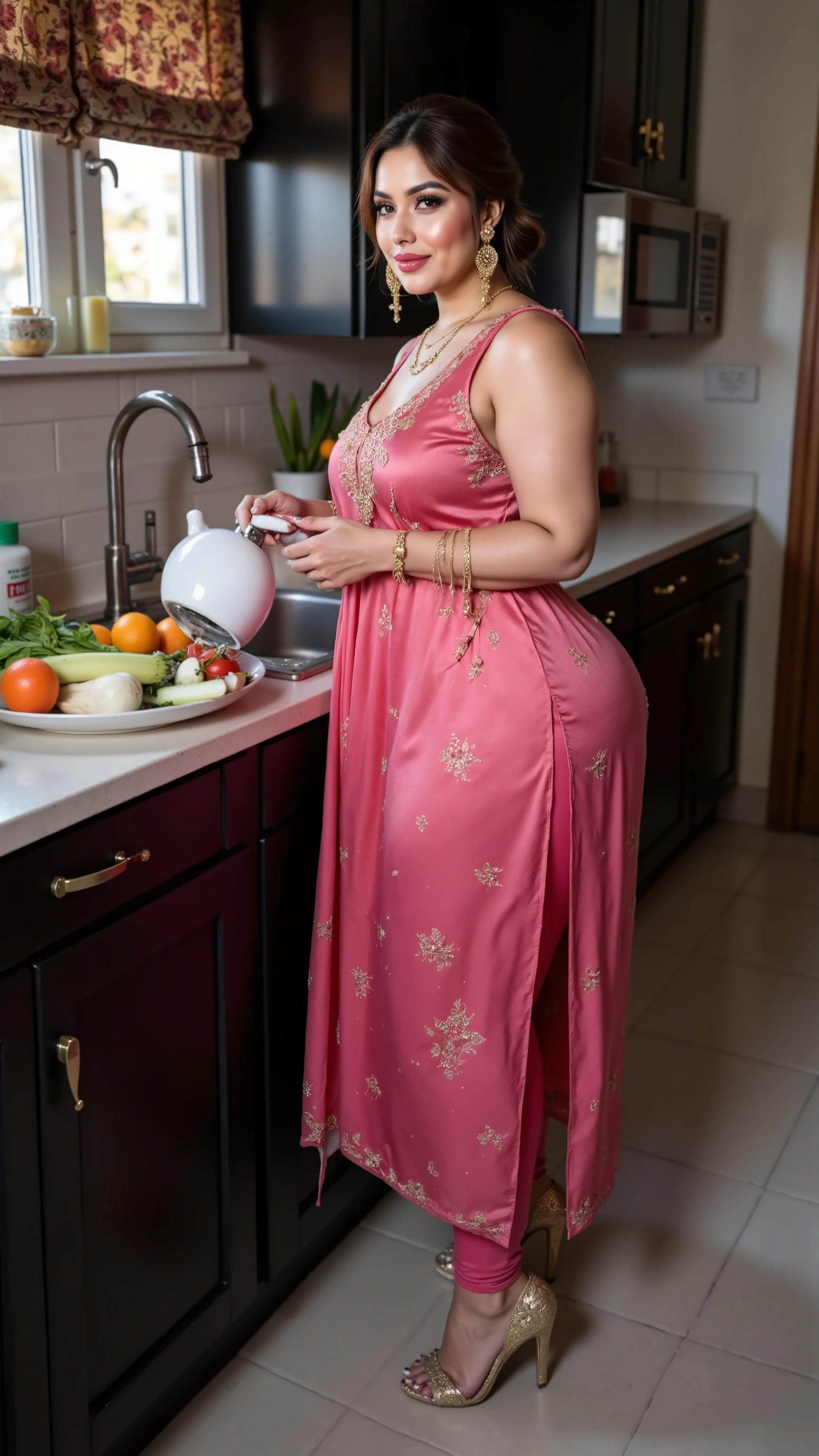 I am 40 year old plus size tall and big giant indian muslim women, looking like indian actress hansika motwani ,wearing a shining glossy tan tight capri leggings and Sleevless pink indian kurti,red hikab,golden nose rings,nose stud, anklet,hanging ear rings,long golden chain on neck,white-skin,white skin tone, beautiful face, dark red lips, clean skin,low bun hair,celebrity face,gold stelito heels,thick leggs, round ass,bulging ass,huge breast, side view of woman,washing dishes in a black painted beautiful kitchen,,only side view of woman, head towards viewer