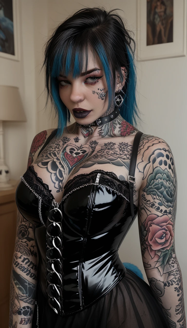 Olhos vermelhos detalhados, rosto liso sem tatuagem ou tinta, Detailed black lips, expression would be
