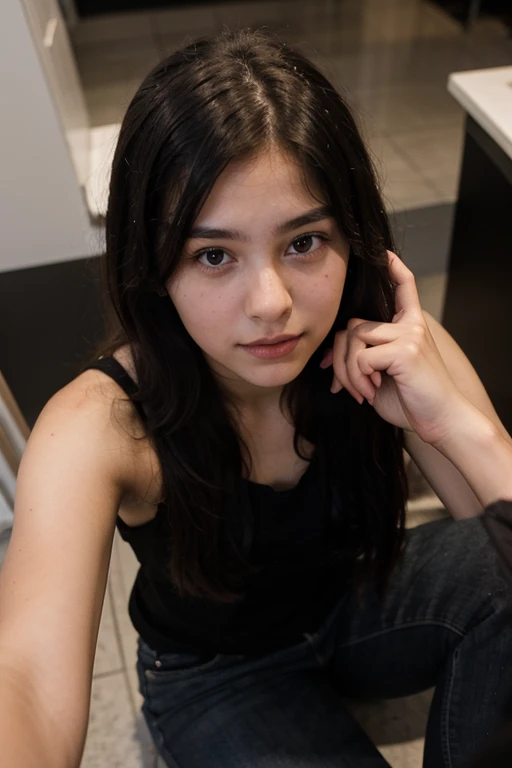 20 year old girl, beautiful and cute, black hair, minimal office clothes, selfie with cellphone camera, half body photo, natural front of house,