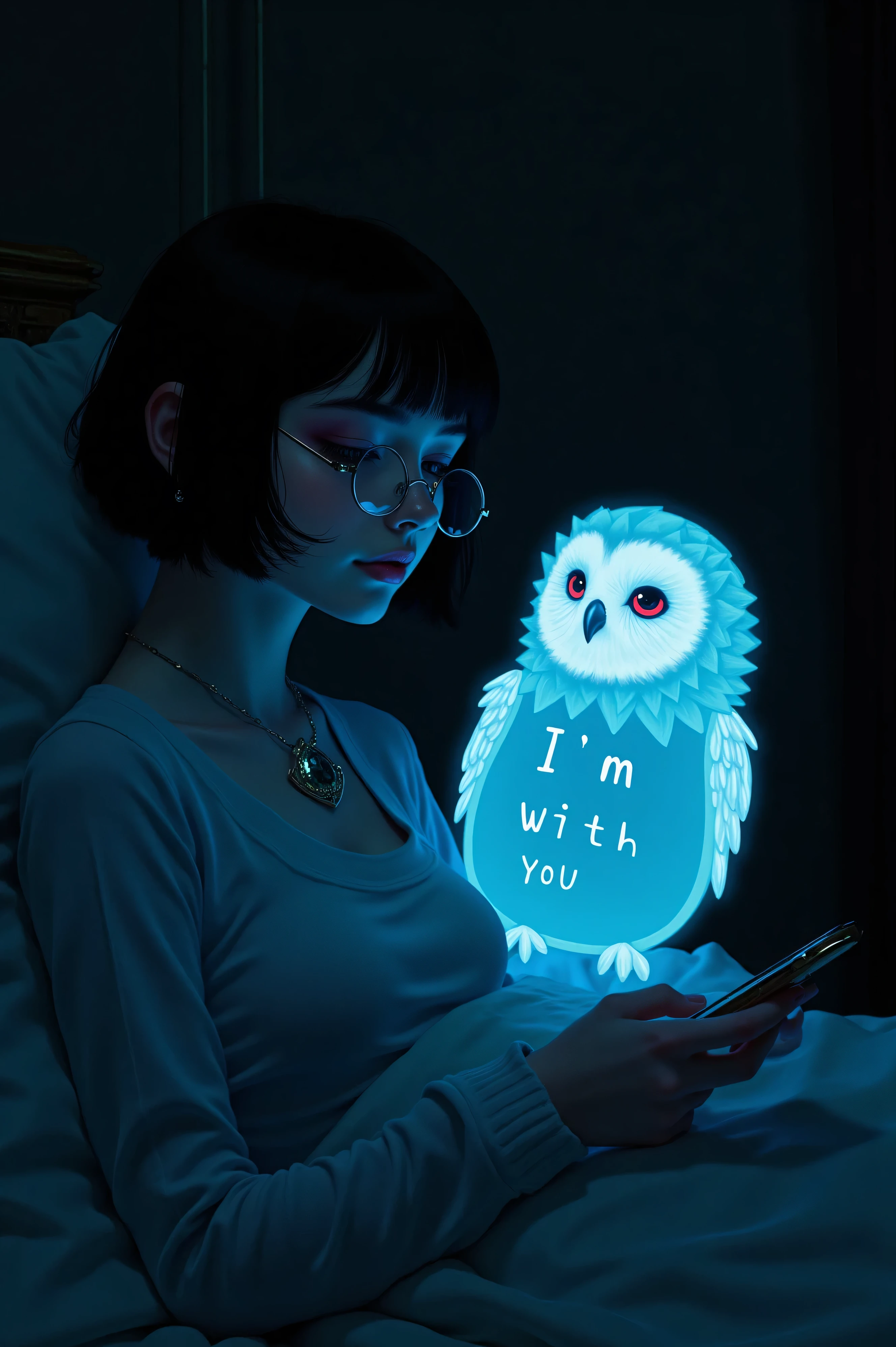 (masterpiece,Highest quality), (A woman with short bob is lying on her bed in a dark room looking at her smartphone, Round shaped ears, Round shaped ears, She wears unfashionable round glasses), (A pale holographic owl stands guard beside the woman, The color of the hologram is blue, The words written on the owl's belly read "I'm with you")