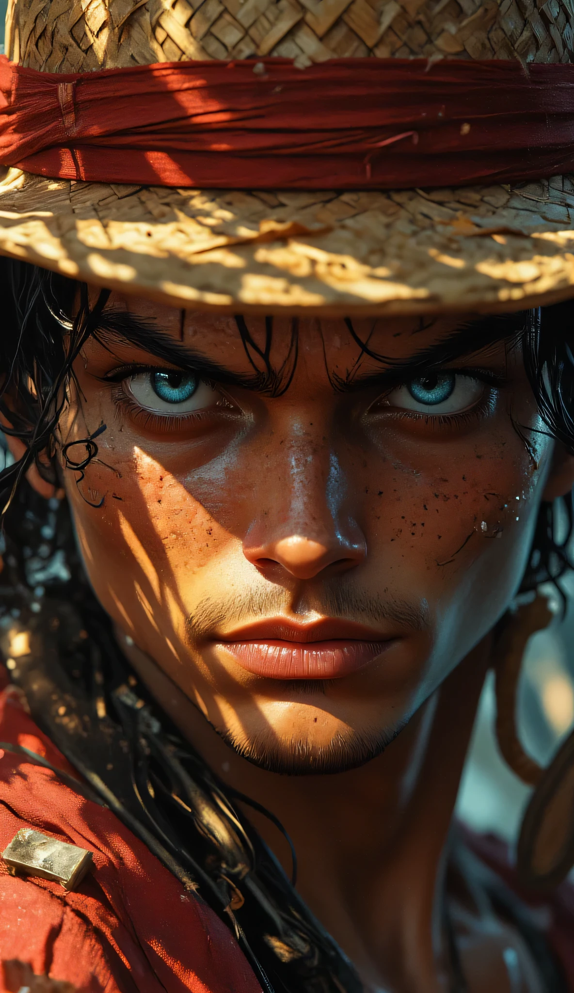 " Action-adventure cinematic scene  . by Macaco d  . Luffy (A peace),  with a straw hat and intense blue eyes in a moment of determination  ,  captured by a high definition prime camera focusing on a dramatic close. Emotion of focus and intensity  ,  illuminated by golden rays of the sun mixed with soft shadows  ,  creating an atmosphere of heat and tension  .  The scene conveys a narrative of heroism and overcoming  ,  with natural elements in the background that reinforce the connection with the external environment  .  The character has striking blue eyes and a determined expression ,  with a noticeable scar below the left eye .  The skin tone is light ,  and the character has dark, misaligned hair .  A straw hat with a red stripe is resting on the head ,  casting a shadow over the face .  The character is wearing a red outfit , partially visible in the picture .  The lighting highlights the facial features ,  adding depth and intensity to the expression .  The background is blurry ,  emphasizing the character's face as the central subject .