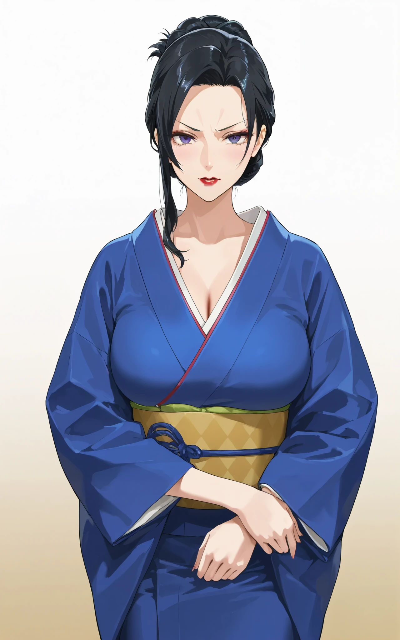 a mature woman standing in ((blue kimono)) ,((folded hair bun)) in black color, ((red lips)), standing straight loking at viewer directly , ((front view)) angry expression