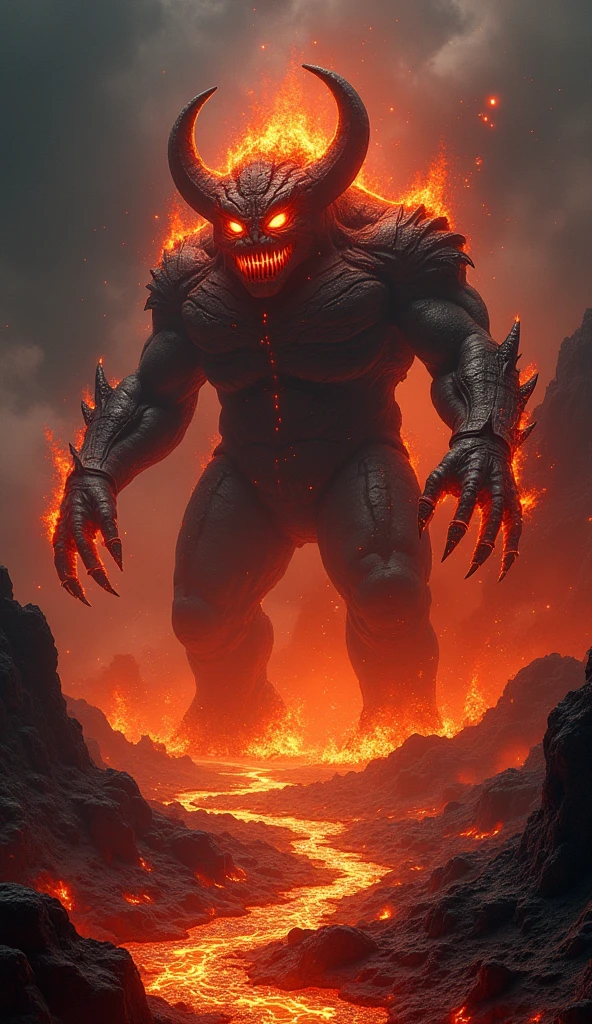 A heavily armed warrior descended from the sky,Doomsday landscape,Large-scale volcanic eruption,Flame sputtering,Lava,eruptive,A demon's face emerged from the smoke,Nuclear barrage,detergent,hydrosphere,(Implications:1.0)、Epic creation、Realistic lighting、High definition details、masterpiece、best quality,(Highly detailed CG Unity 8k wallpaper)
