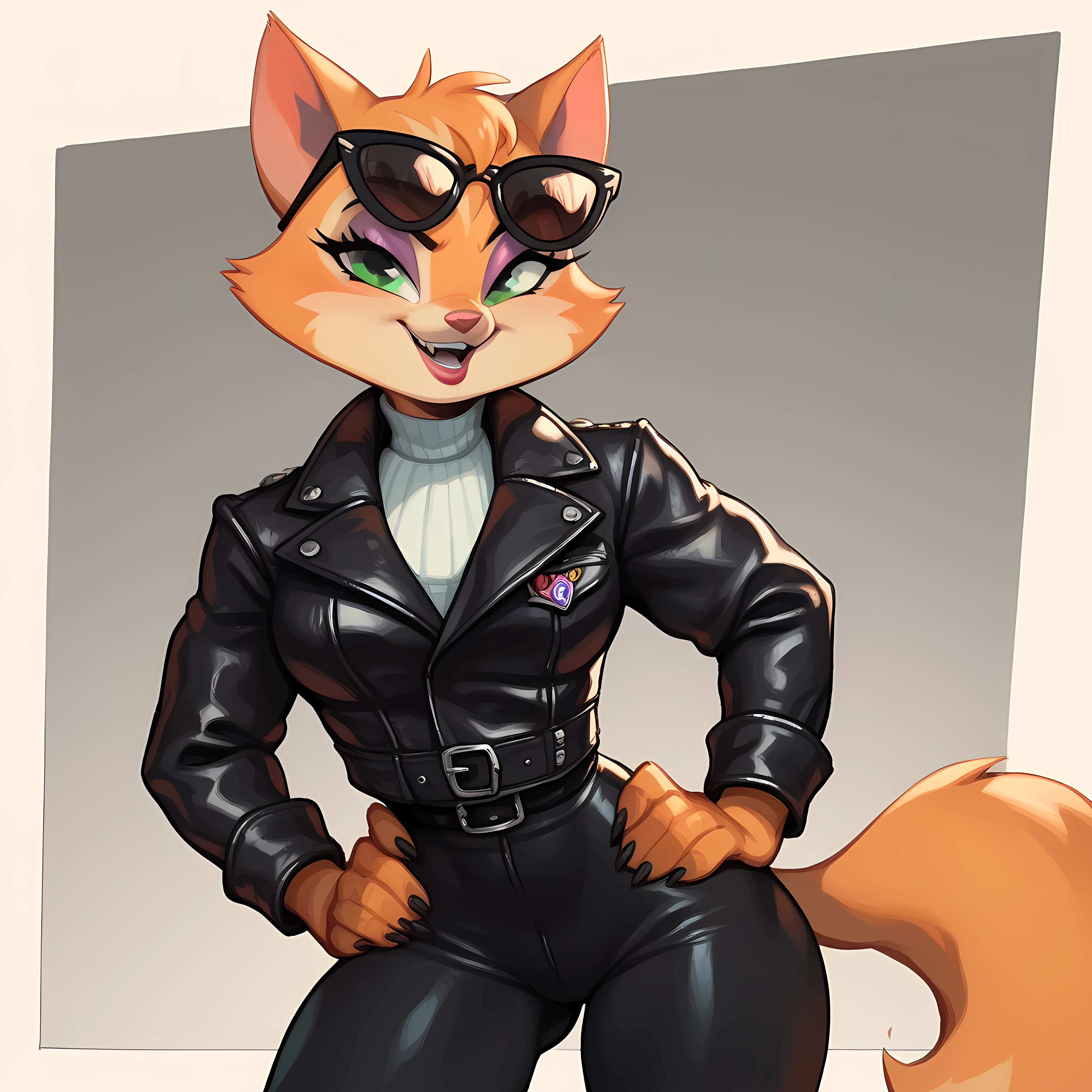 A cartoonish anthropomorphic girl cat with a round face, wearing black sunglasses and a black leather jacket. The character has orange fur and stands confidently with hands on hips, showcasing a muscular build and black leggings. The background is dark, emphasizing the character's bold appearance. Flux Style