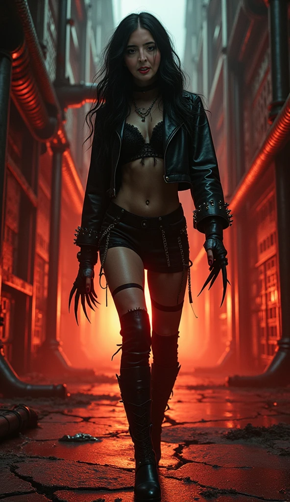 Bold girl standing, cat ears, seductive, medium breasts, black lipstick, sweaty body, torn black t-shirt, short and torn black shorts, black boot, black claws, big black hair, thin, attractive fabric, blood-stained hands. (Warehouse at night, dawn, old and abandoned place at night, night, dust flying, apocalyptic scenery, city destroyed at night). (ambient lighting, masterpiece, seducing, depth of field, Full HD, 4K, wide-angle lens, richness of detail). Hollywood Style