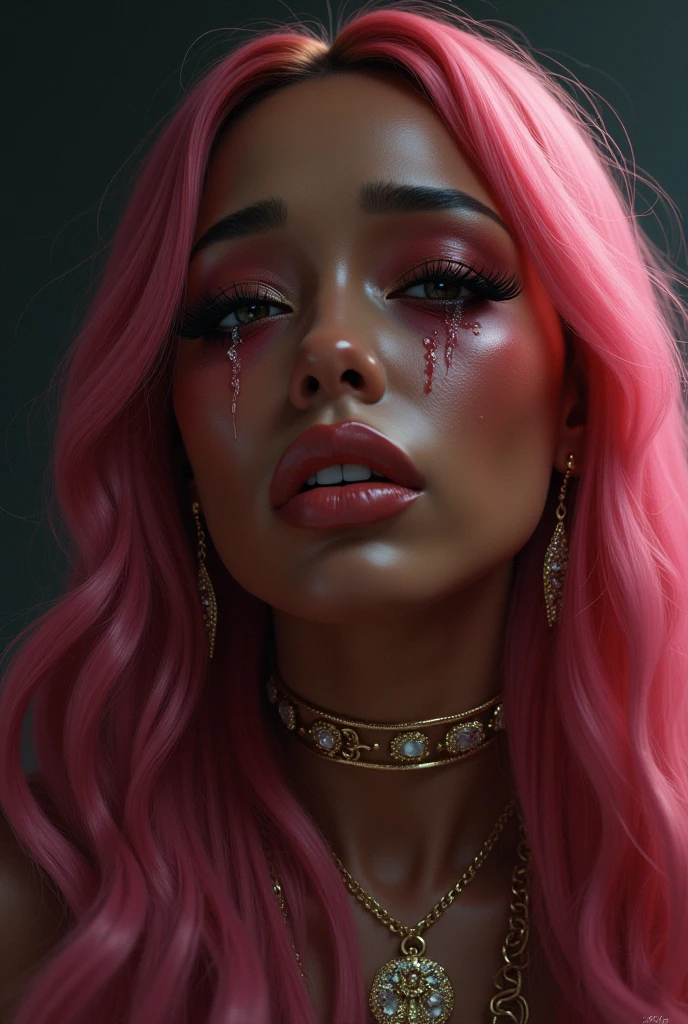 1girl, head phones, under pink bubble water, (18 years old), (dark skin), very dark skin, wide shot, (pink strapless dress), , (totally realistic), (Masterpiece, Professional lighting, 16k, 8k wallpaper, raw photo, photorealistic:1.8, ultra detailed, view from above, natural lighting, detailed skin sexy pose, open mouth, big lips, night time, eyes closed, pink light, steam, pink foam, magic energy, neon light, soaked, sweating, crying, screaming