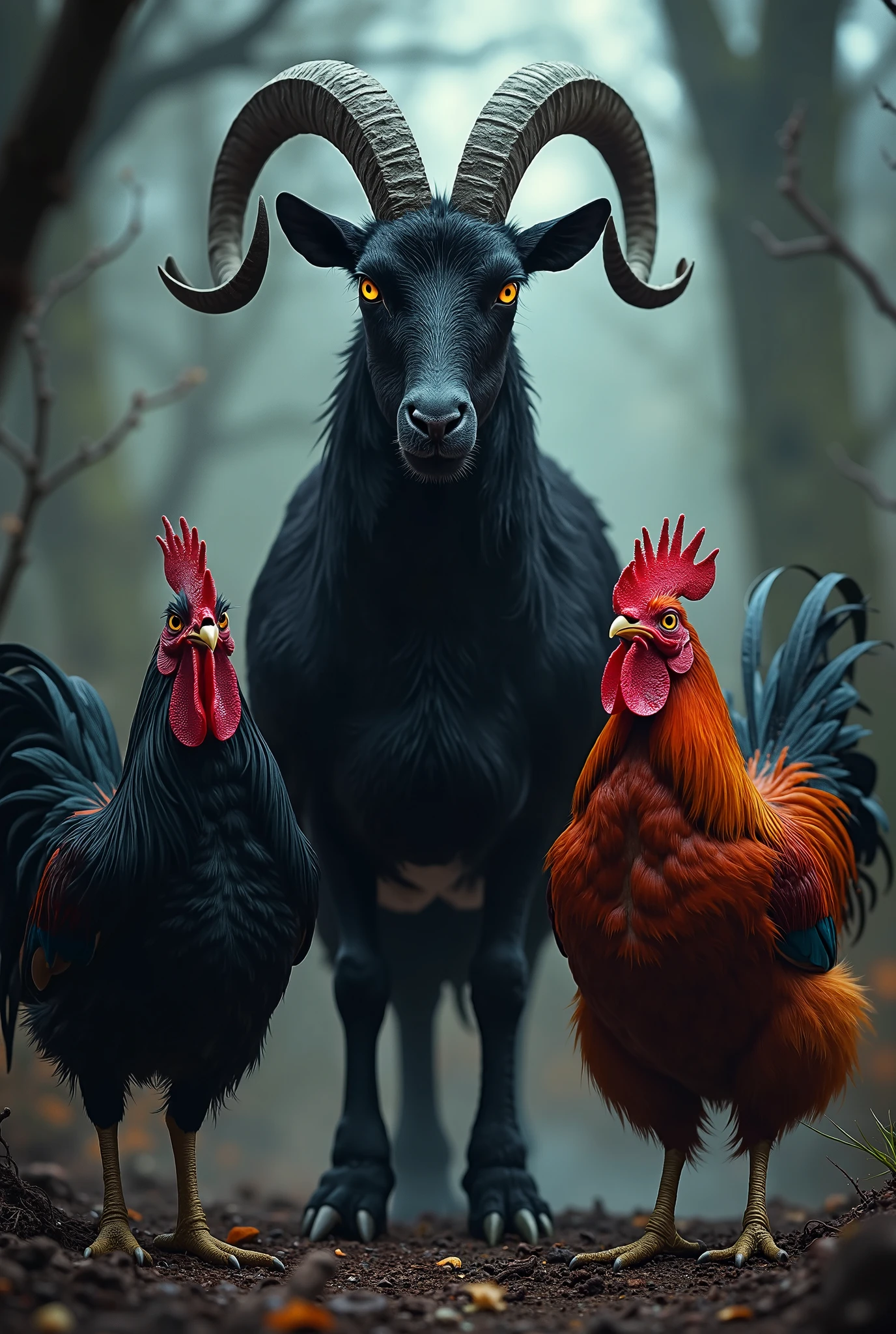 A black dog  half  goat has green eyes black curly hair  fighting with hen