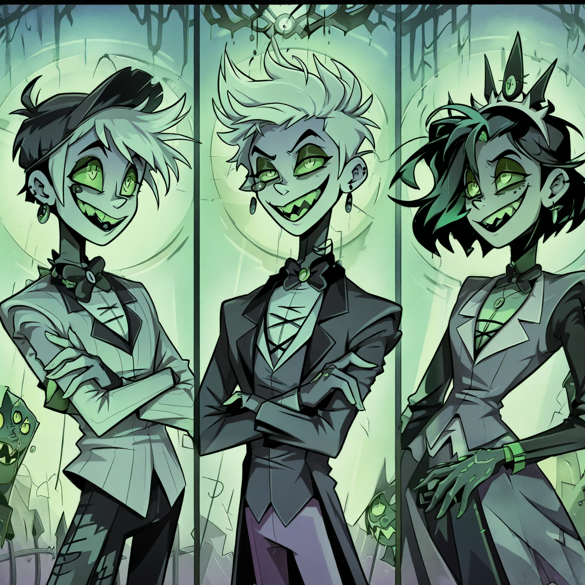  three different photos of a woman in a dress and a man in a suit,  three futuristic princes  , loish |, Danny phantom, gothic family, Green shines , Summoning friends , medicine, scary smiles, haunted green flowing souls ,  full art illustration , Loish Art Style, background art, legislatura eldritch,, Fanart oficial