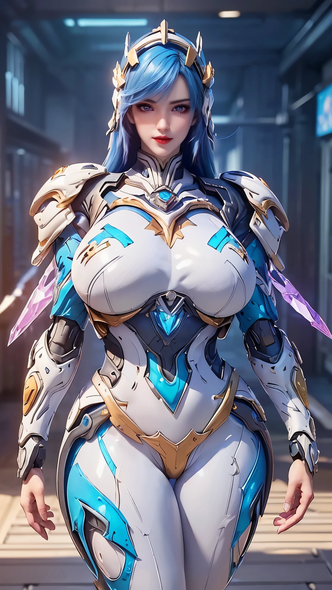 A beauty mechas girl, mecha_musume, 1 robot knight, 1GIRL, blue and pink multiple color hair, (CLOSE UP UPPER BODY:0.8), (COWBOY SHOT PORTRAIT:1.4), (GOLDEN DRAGON HEAD HELM:1.3),((GIGANTIC FAKE BREASTS:1.5)), (11 line ABS:1.3), ((MECHA GUARD ARMS, MECHA GUARD SHOULDER CRYSTAL CORE:1.2)), (SHINY BLUE CRYSTAL CORE ON MECHA STARRY SKY MOTIF ARMOR FORM OVERWATCH,WHITE MECHA TIGHT BABES ARMORED:1.5), (MUSCULAR HOURGLASS BODY, GLOWING BODY PALE SKIN:1.3), (LOOKING AT VIEWER:1.5), (HALLWAY OF FUTURISTIC SPACE STATION:1.3), (BRIGHT LIGHT WHITE_ROOM:1.3), HYPER TEXTURE, UNREAL ENGINE RENDER, PHYSICALLY-BASED RENDERING, ULTRA HIGHT DEFINITION, 16K, DSLR, 1080P.