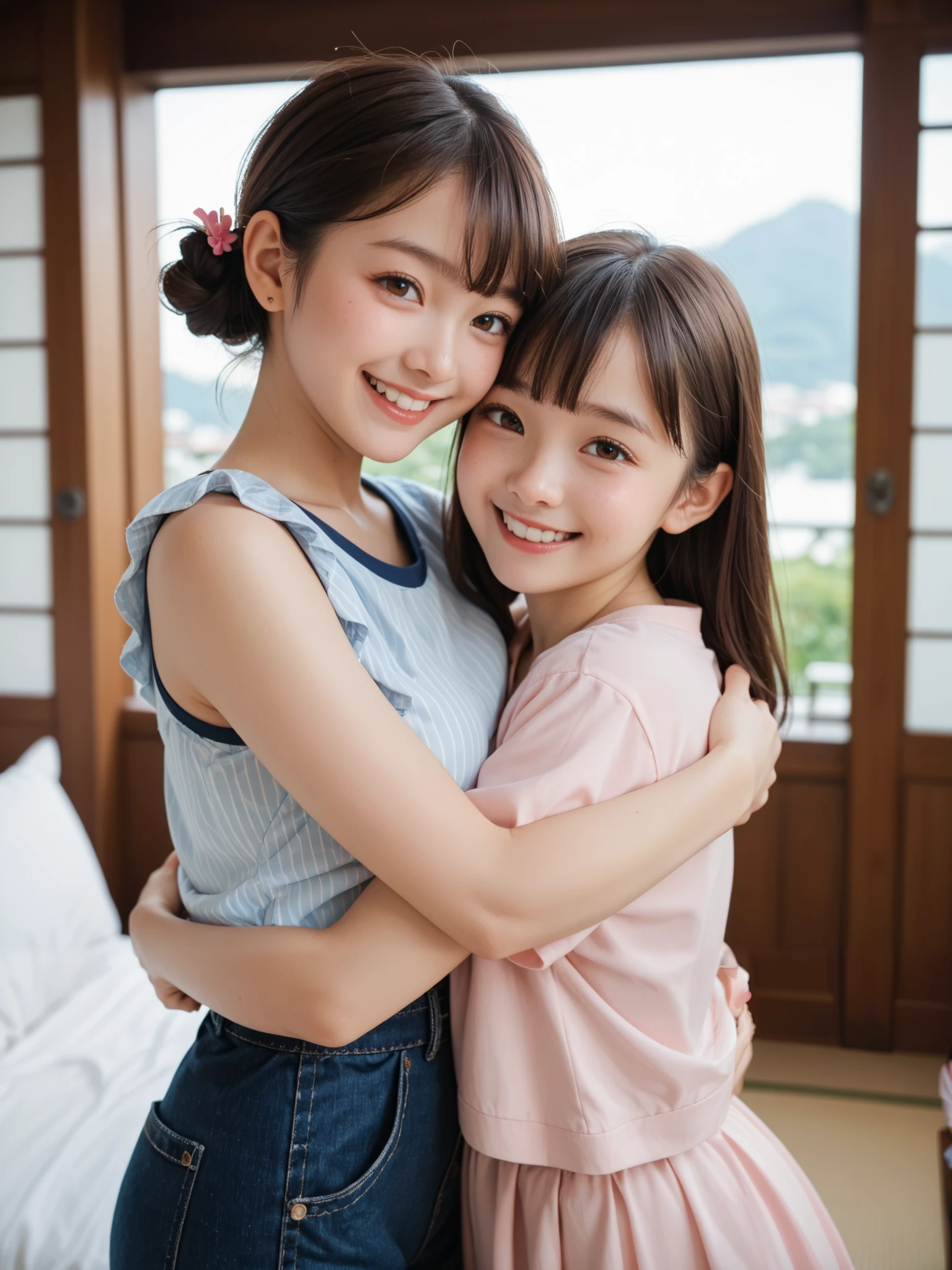 smile, nsfw, hug, ites, lol hand on other's breast, japanese,  two girls, 
